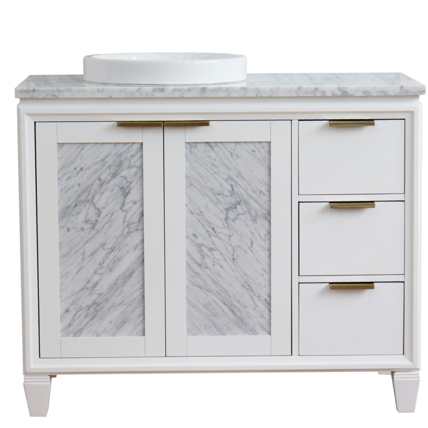 43" Single vanity in White finish with White Carrara and round sink Left door/Left sink