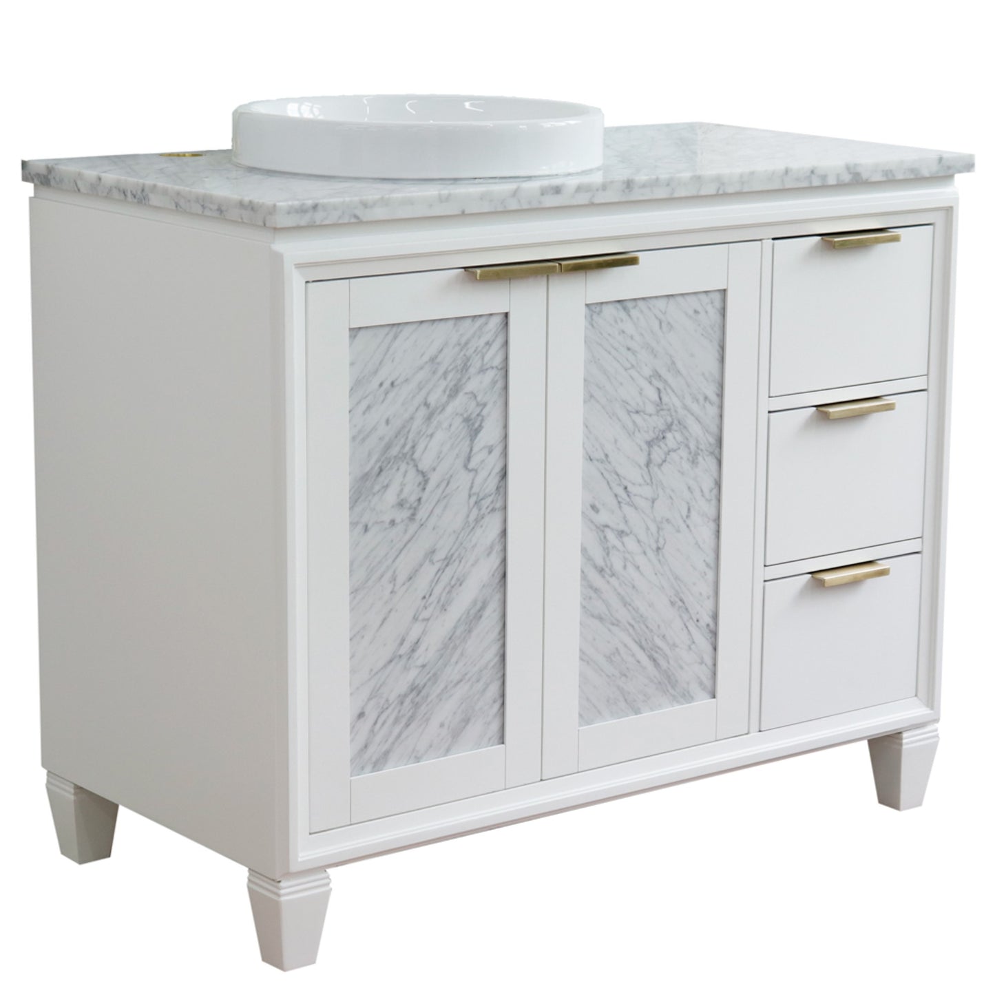 43" Single vanity in White finish with White Carrara and round sink Left door/Left sink