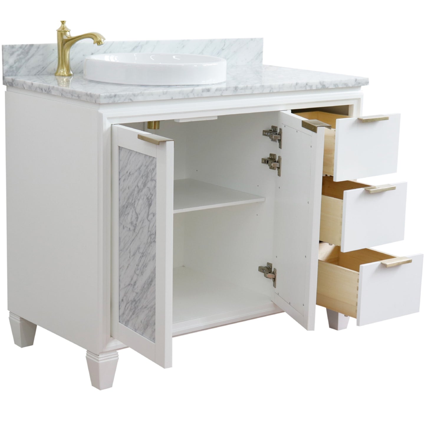 43" Single vanity in White finish with White Carrara and round sink Left door/Left sink