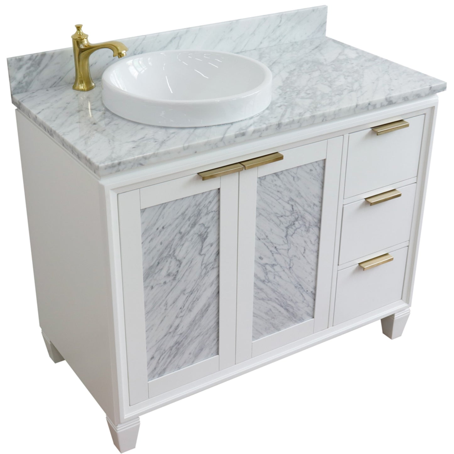 43" Single vanity in White finish with White Carrara and round sink Left door/Left sink