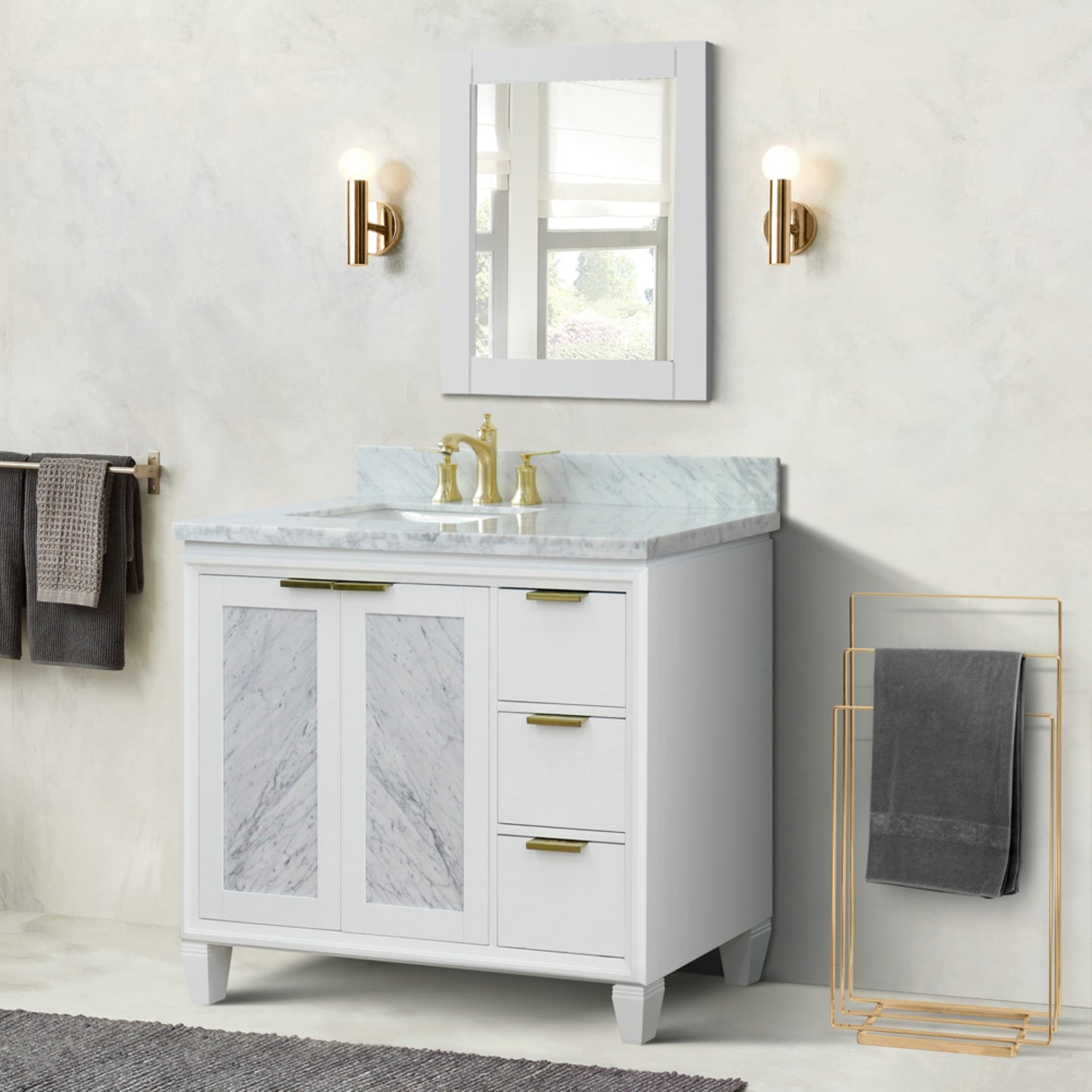 43" Single vanity in White finish with White Carrara and rectangle sink Left door/Left sink