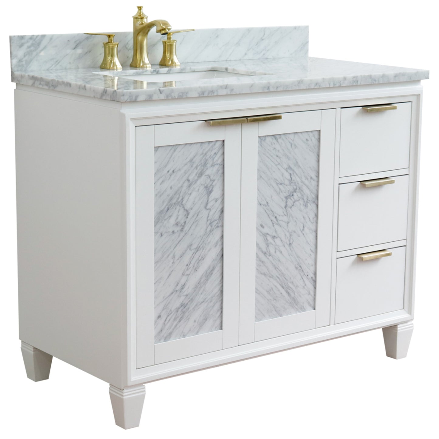 43" Single vanity in White finish with White Carrara and rectangle sink Left door/Left sink