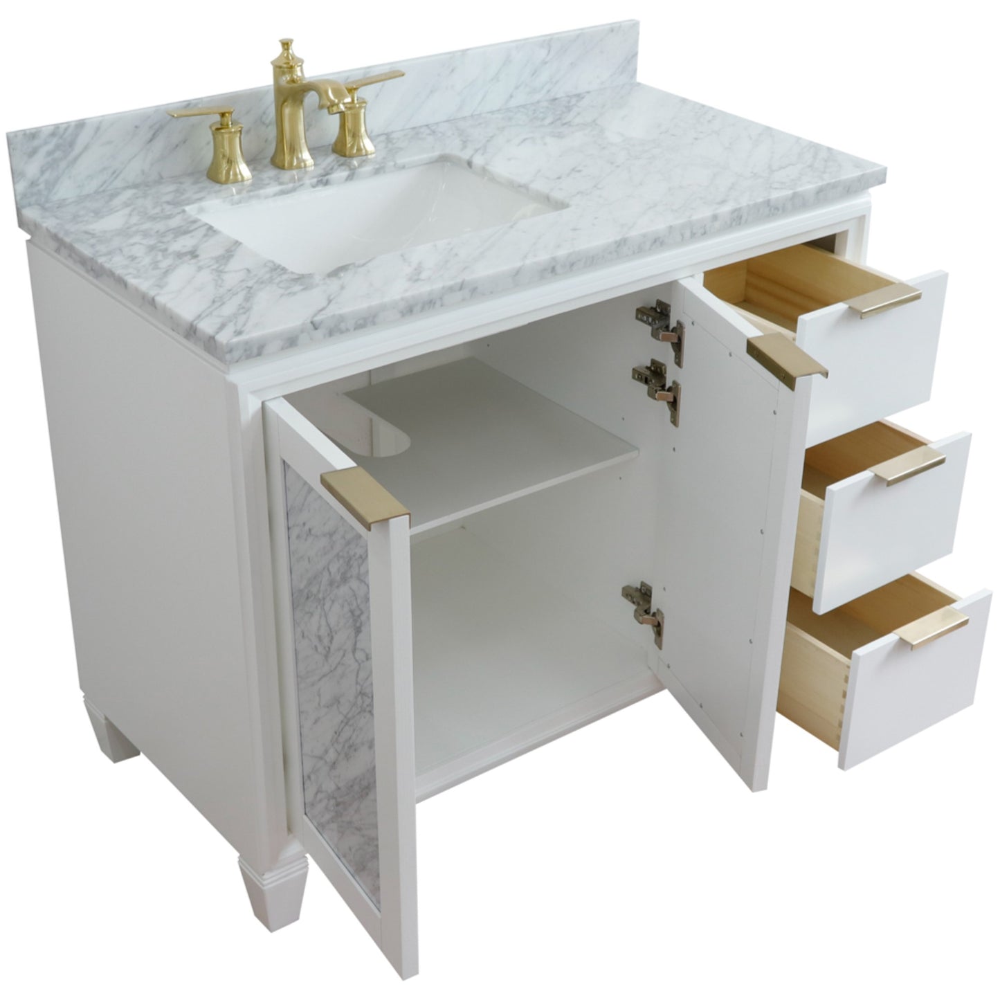 43" Single vanity in White finish with White Carrara and rectangle sink Left door/Left sink