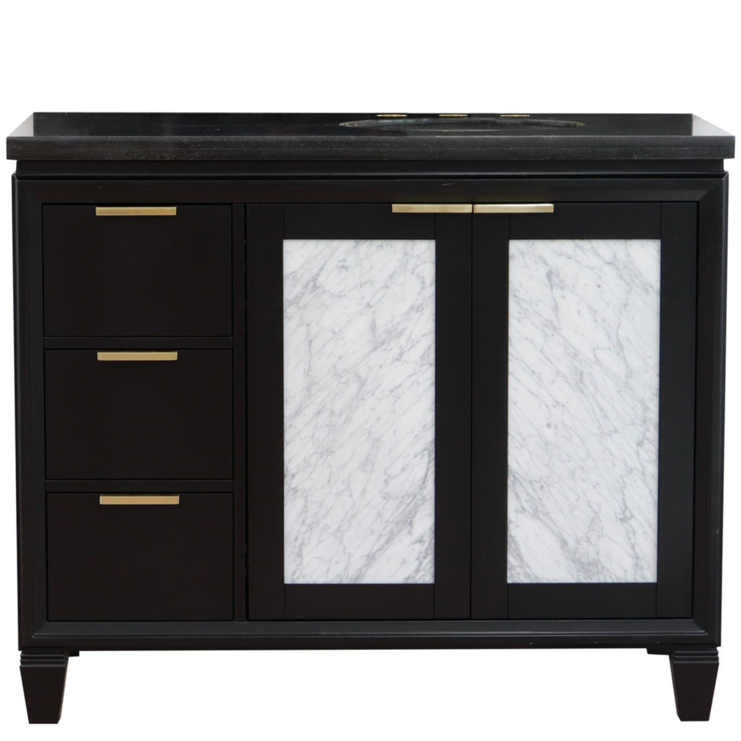 43" Single vanity in Black finish with Black galaxy and oval sink Right door/Right sink