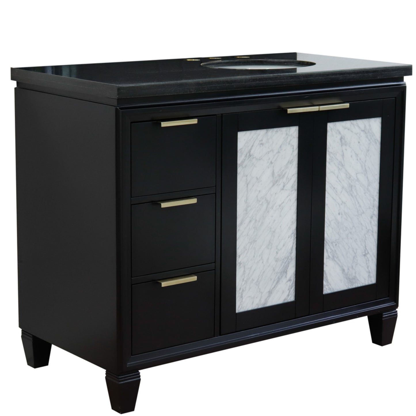 43" Single vanity in Black finish with Black galaxy and oval sink Right door/Right sink