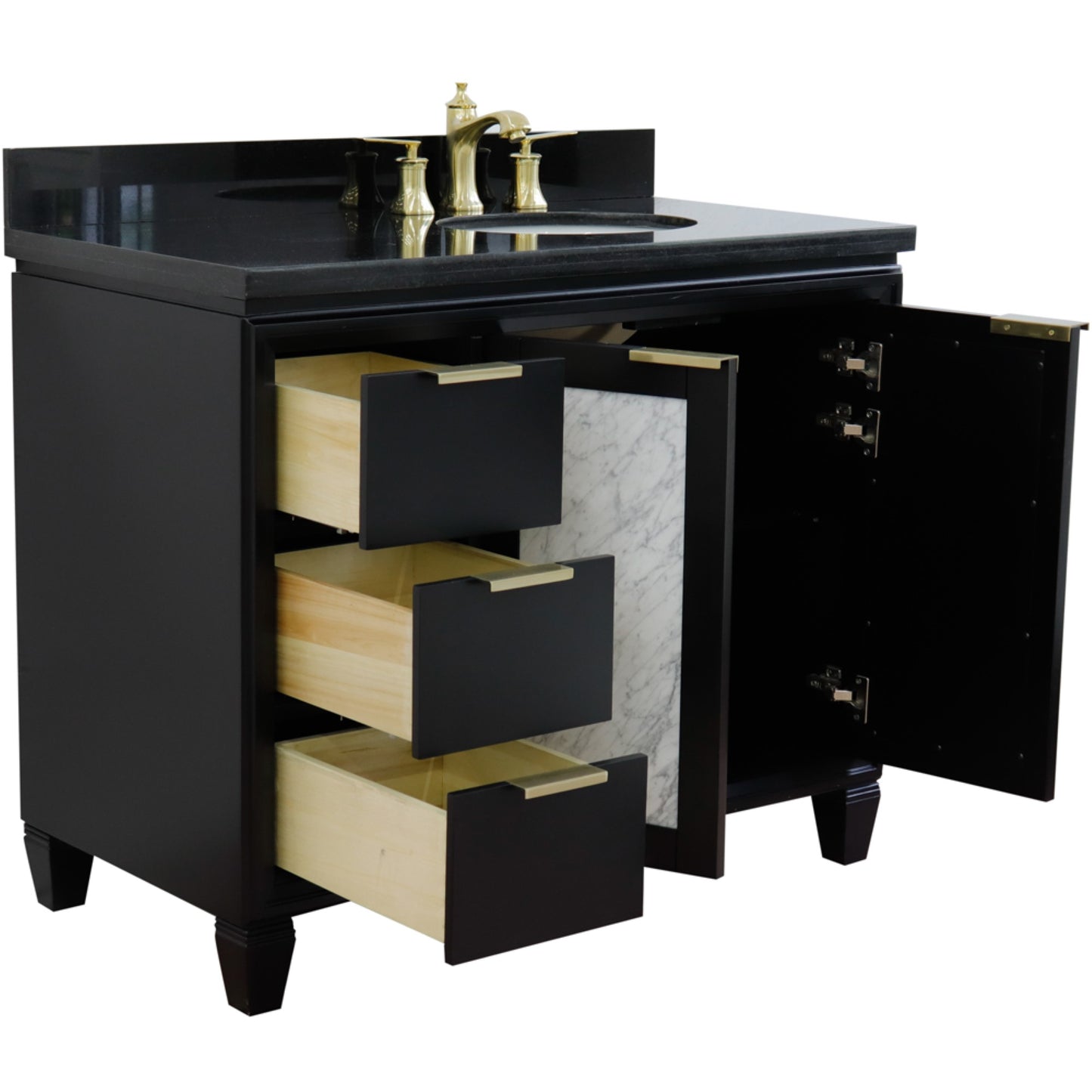 43" Single vanity in Black finish with Black galaxy and oval sink Right door/Right sink