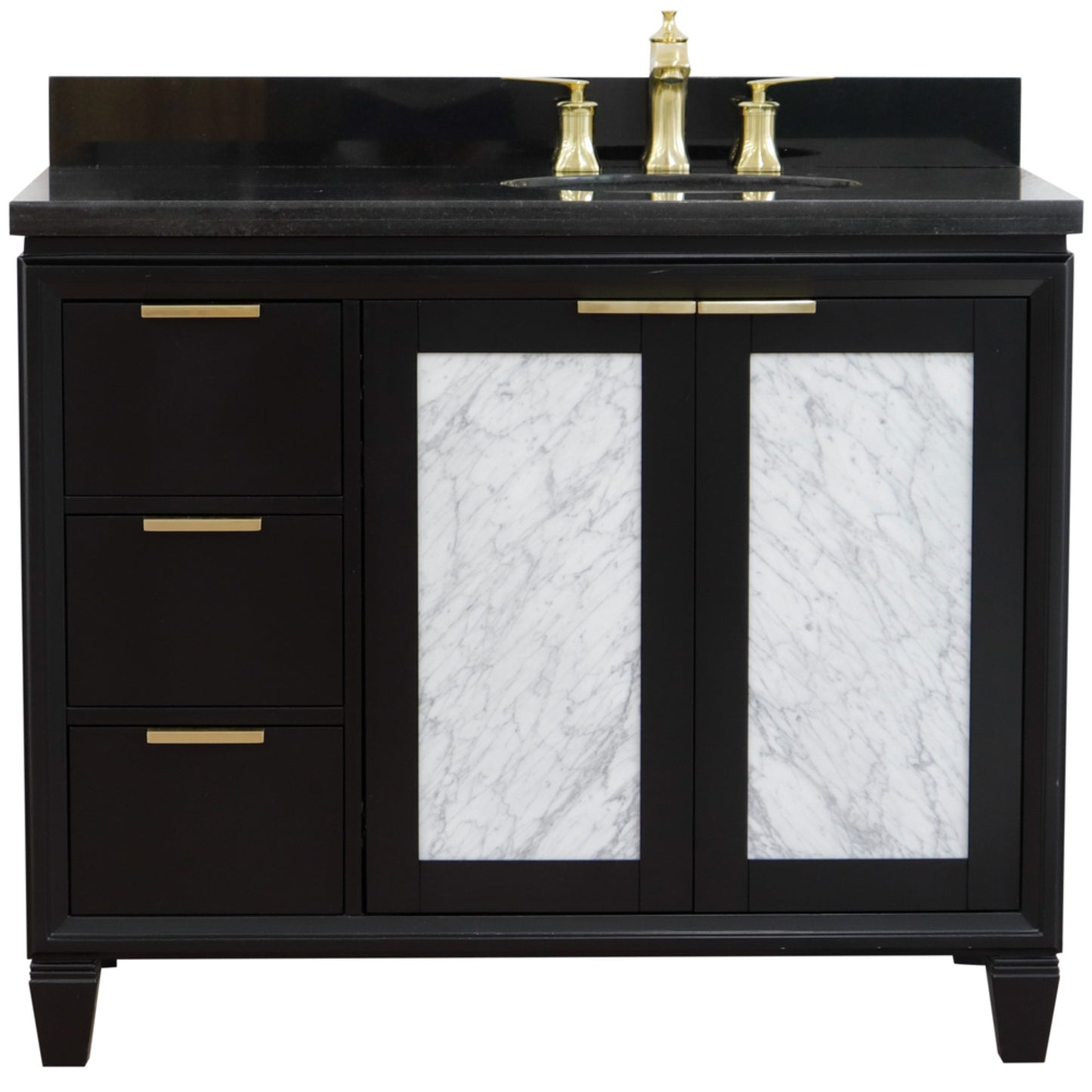 43" Single vanity in Black finish with Black galaxy and oval sink Right door/Right sink