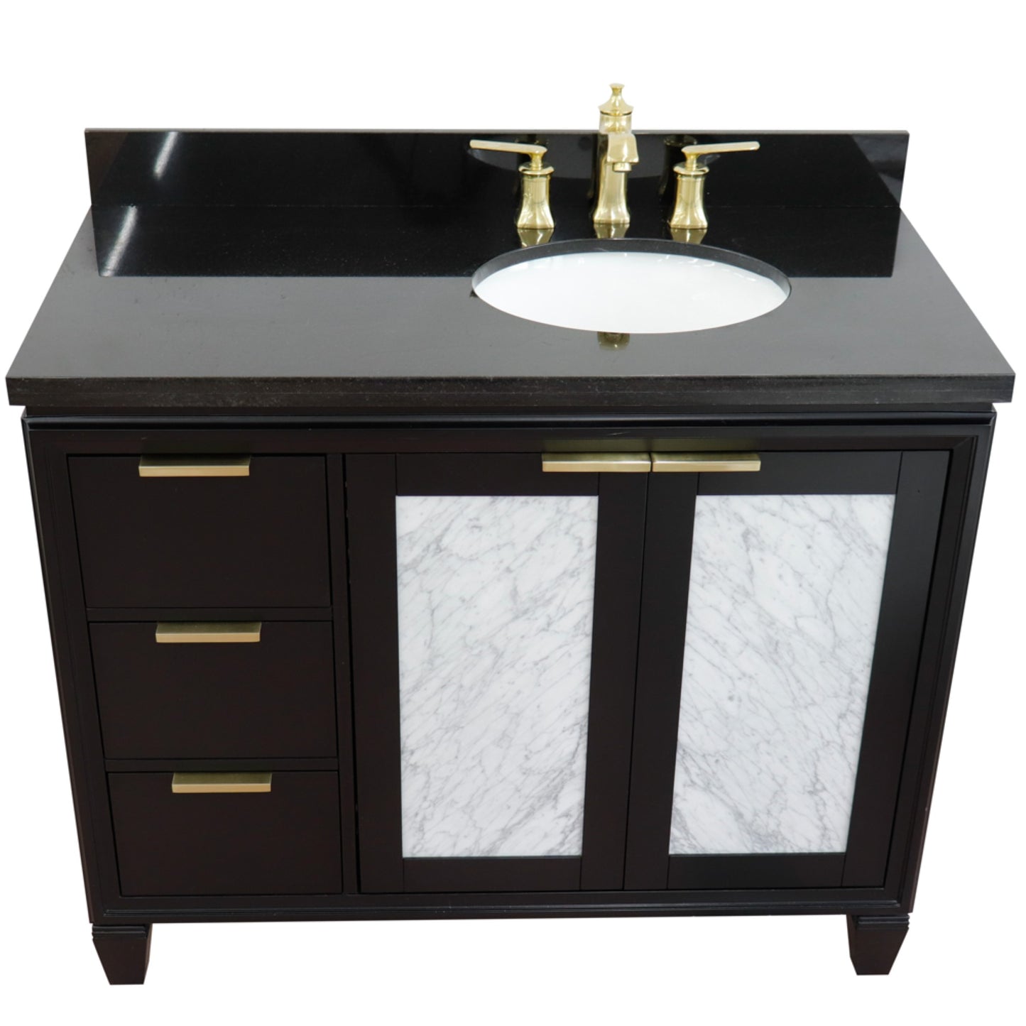 43" Single vanity in Black finish with Black galaxy and oval sink Right door/Right sink