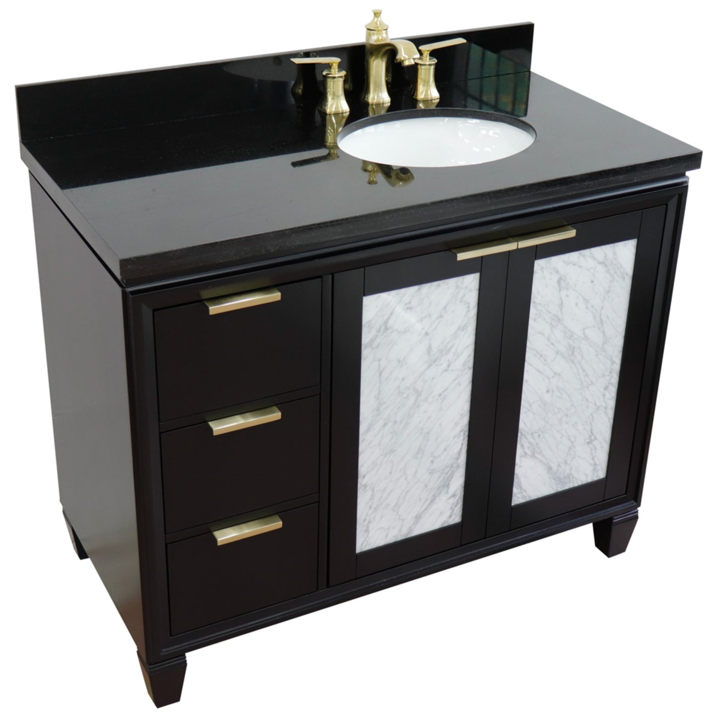 43" Single vanity in Black finish with Black galaxy and oval sink Right door/Right sink