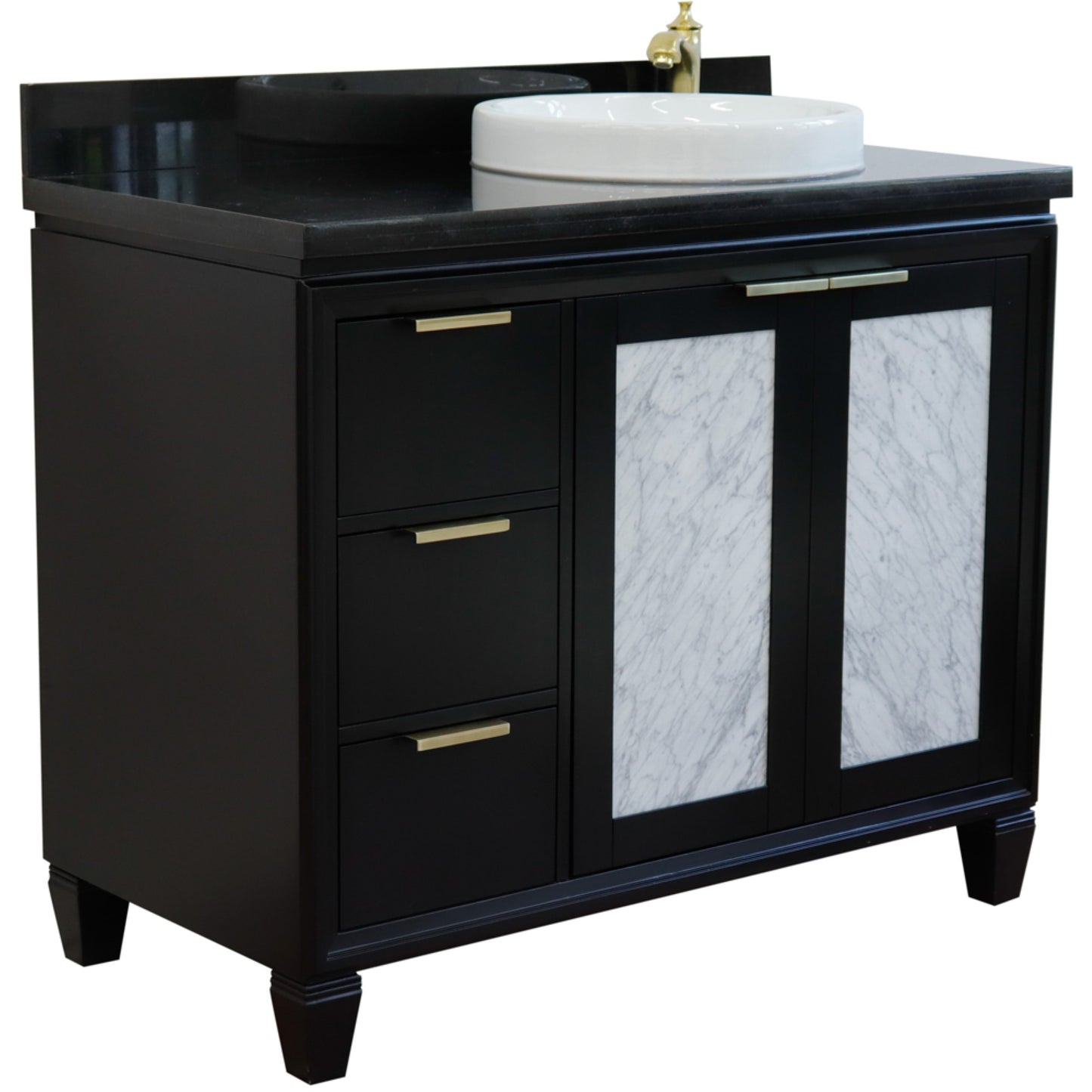 43" Single vanity in Black finish with Black galaxy and round sink Right door/Right sink