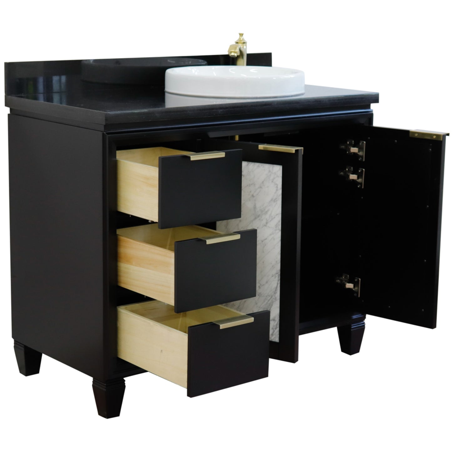 43" Single vanity in Black finish with Black galaxy and round sink Right door/Right sink