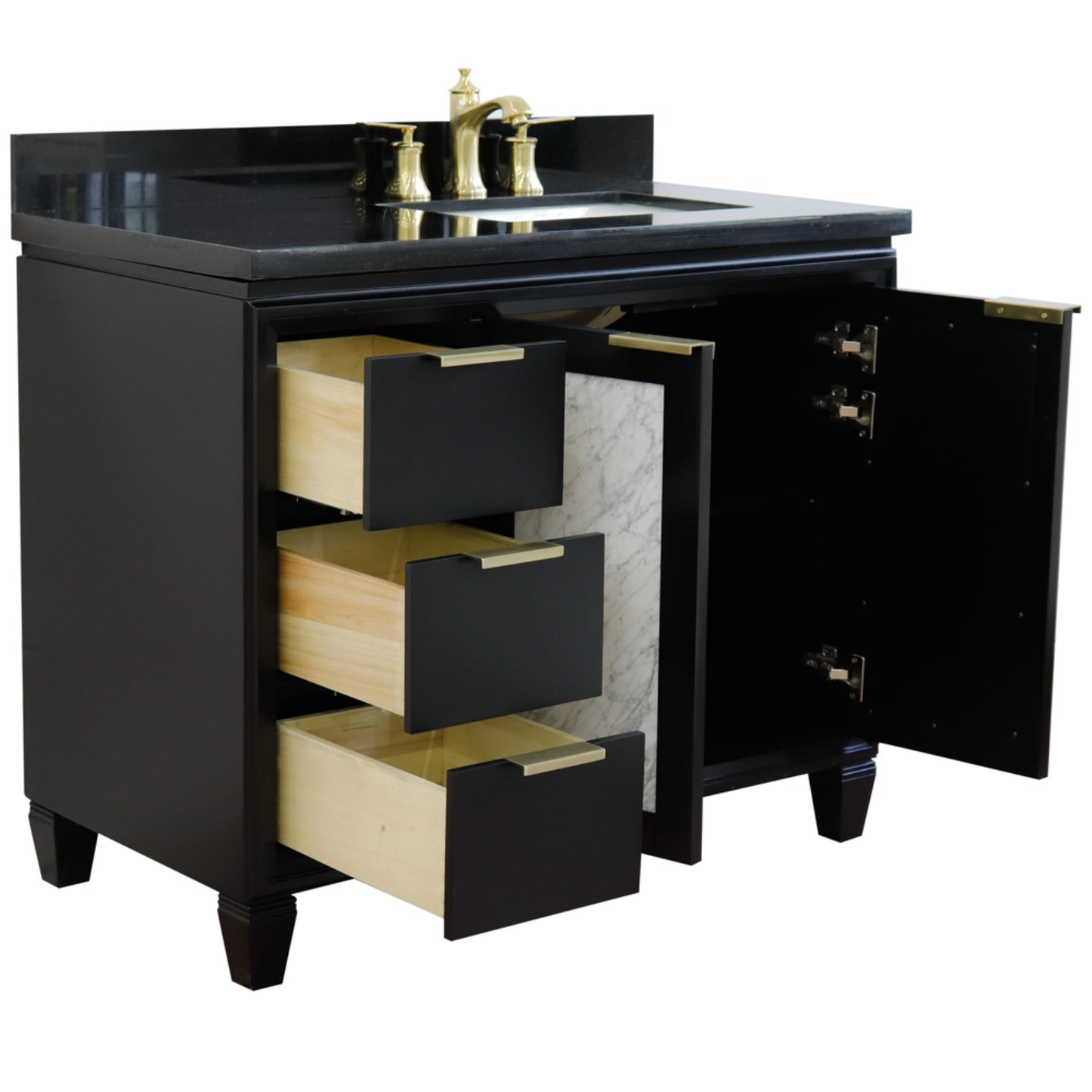 43" Single vanity in Black finish with Black galaxy and rectangle sink Right door/Right sink