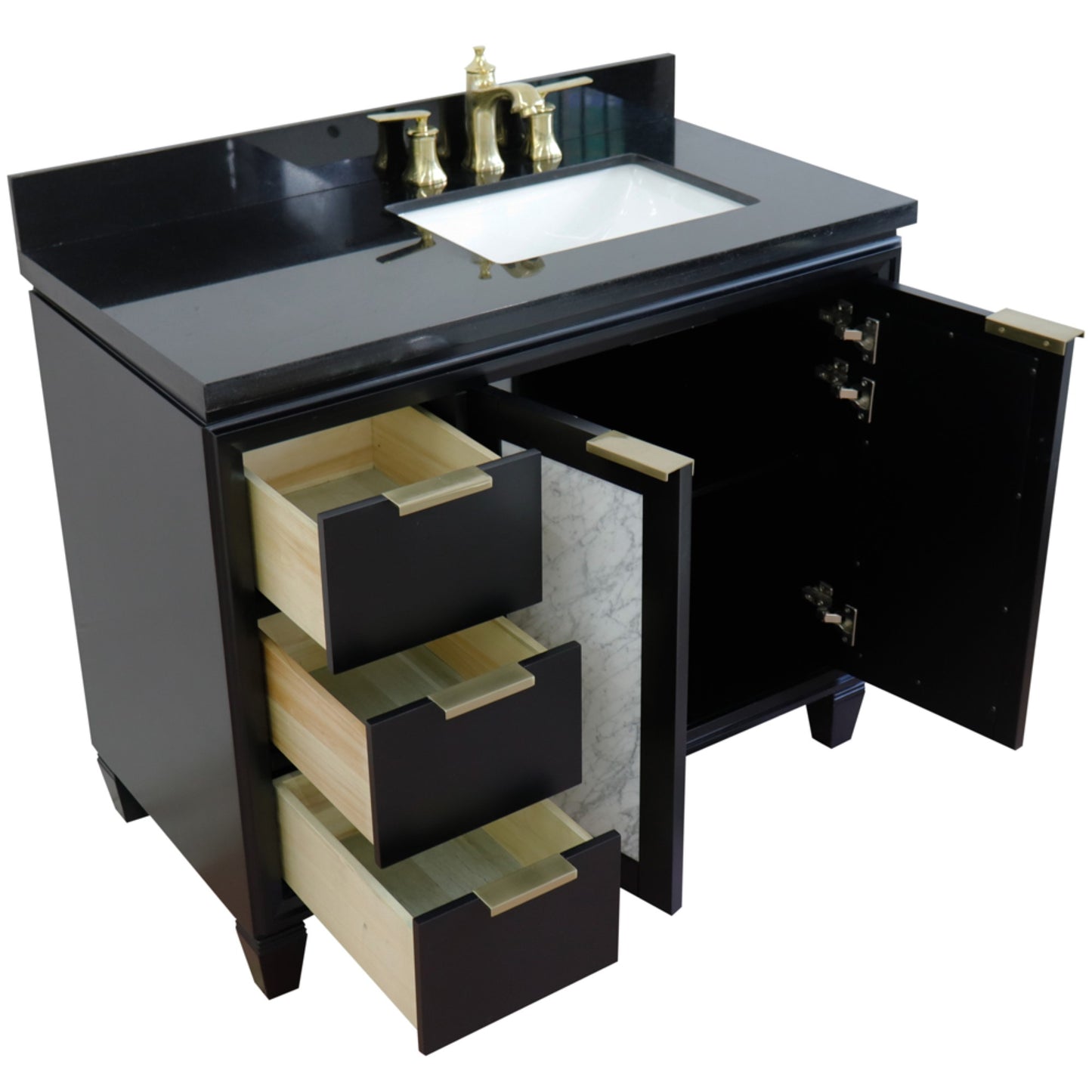 43" Single vanity in Black finish with Black galaxy and rectangle sink Right door/Right sink
