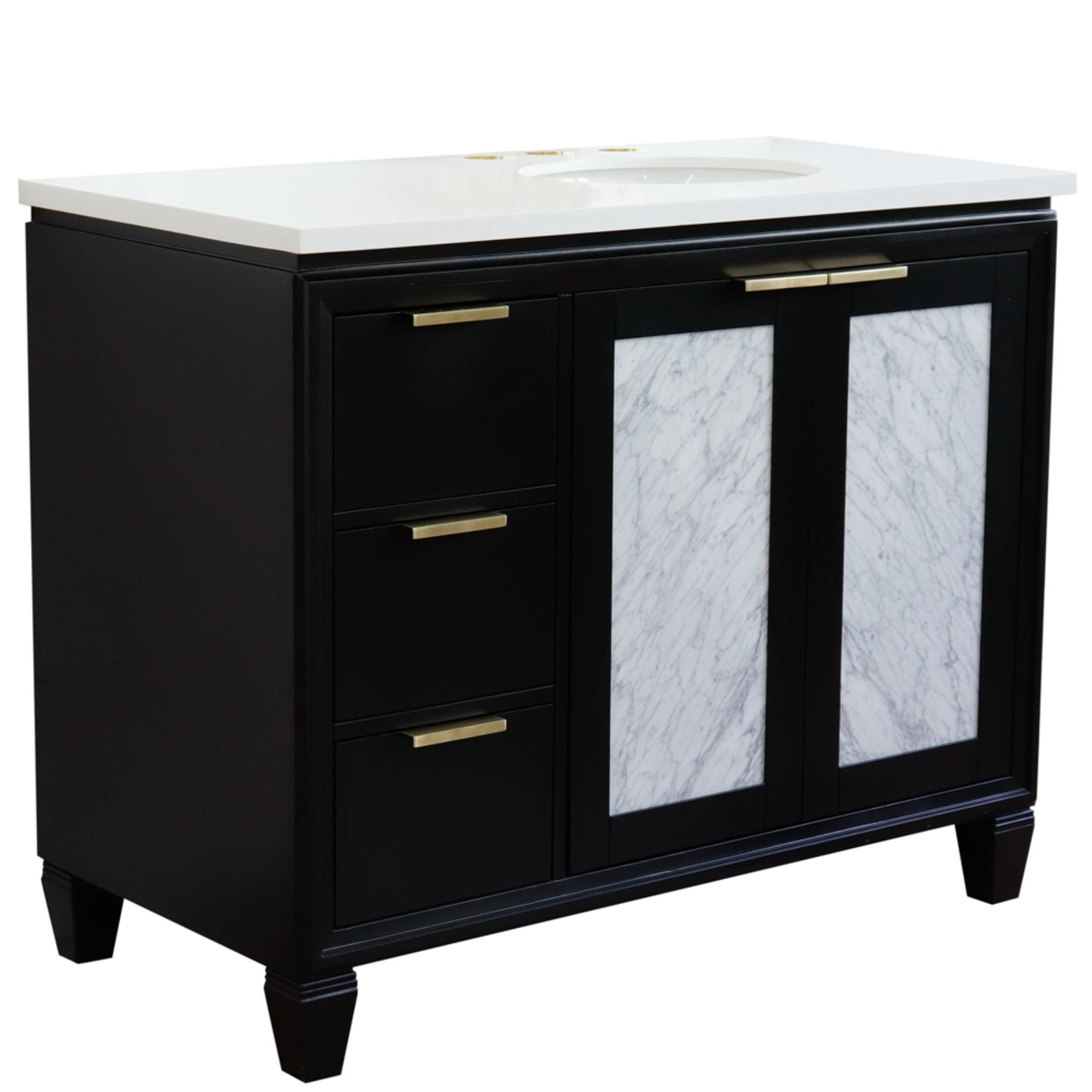 43" Single vanity in Black finish with White engineered stone and oval sink Right door/Right sink