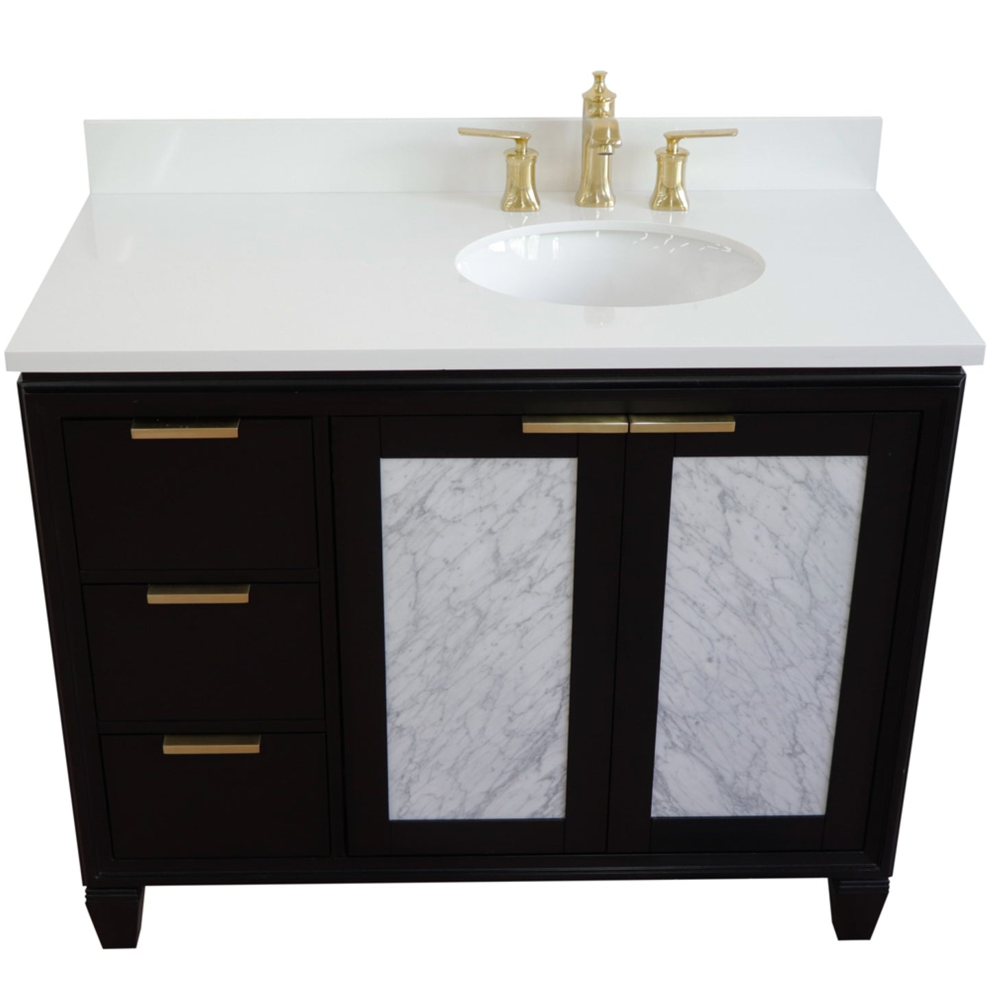 43" Single vanity in Black finish with White engineered stone and oval sink Right door/Right sink