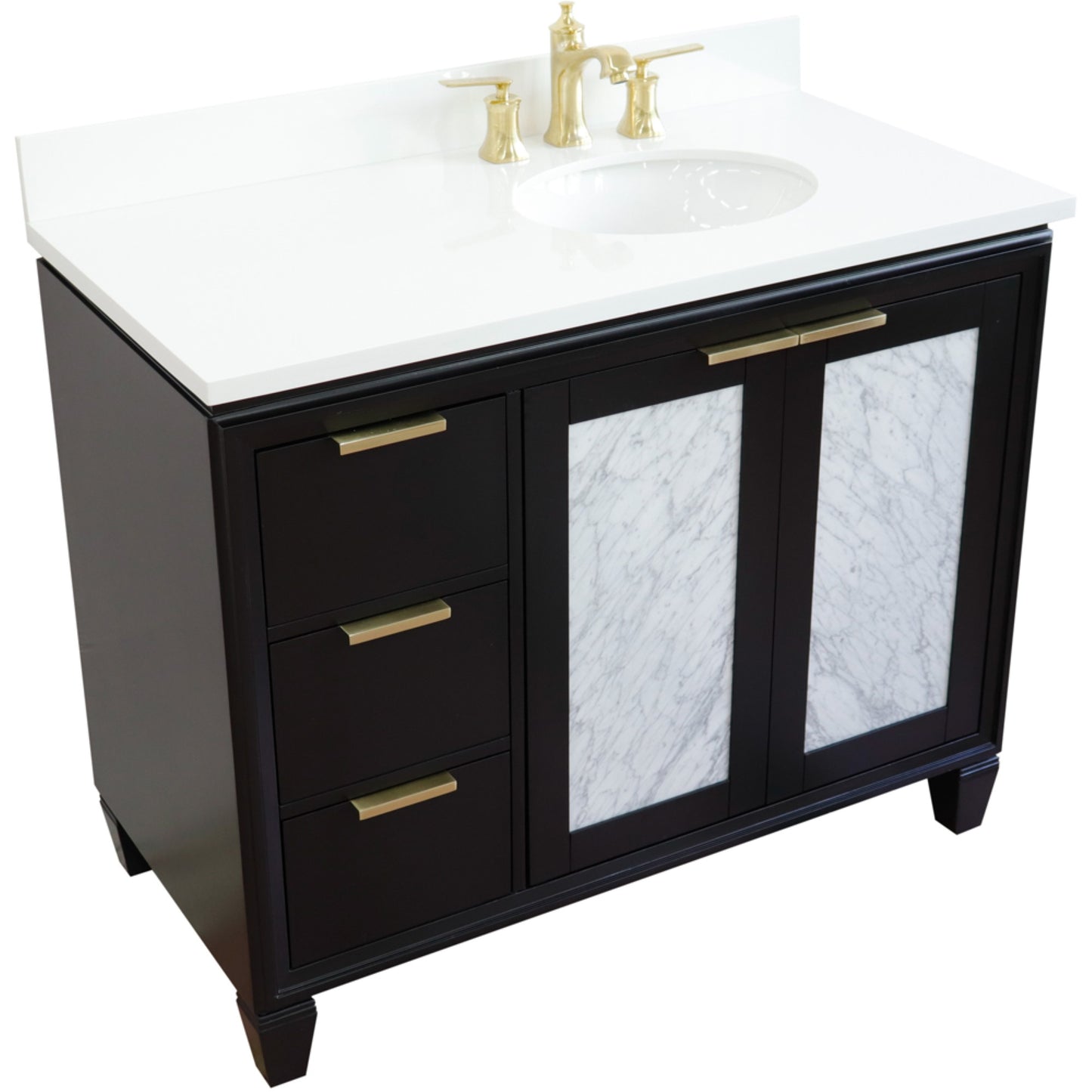 43" Single vanity in Black finish with White engineered stone and oval sink Right door/Right sink