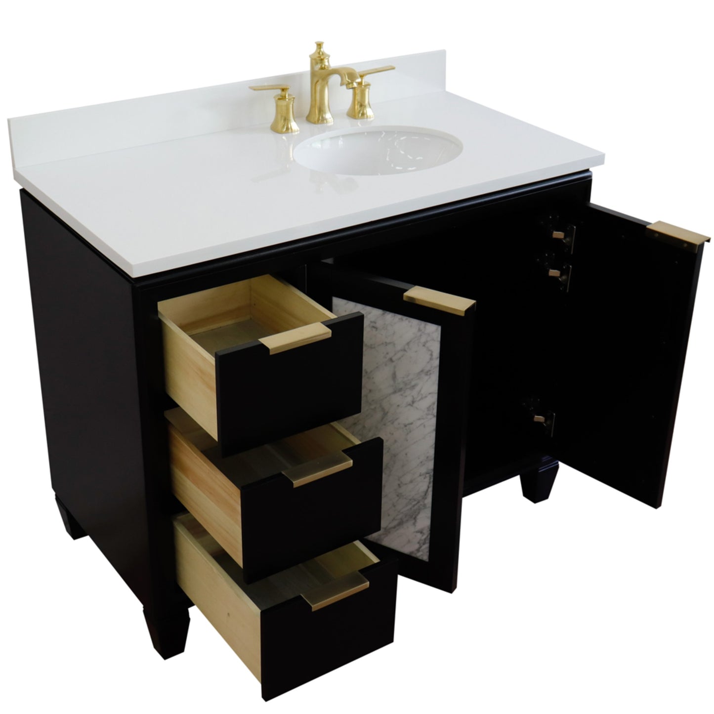 43" Single vanity in Black finish with White engineered stone and oval sink Right door/Right sink