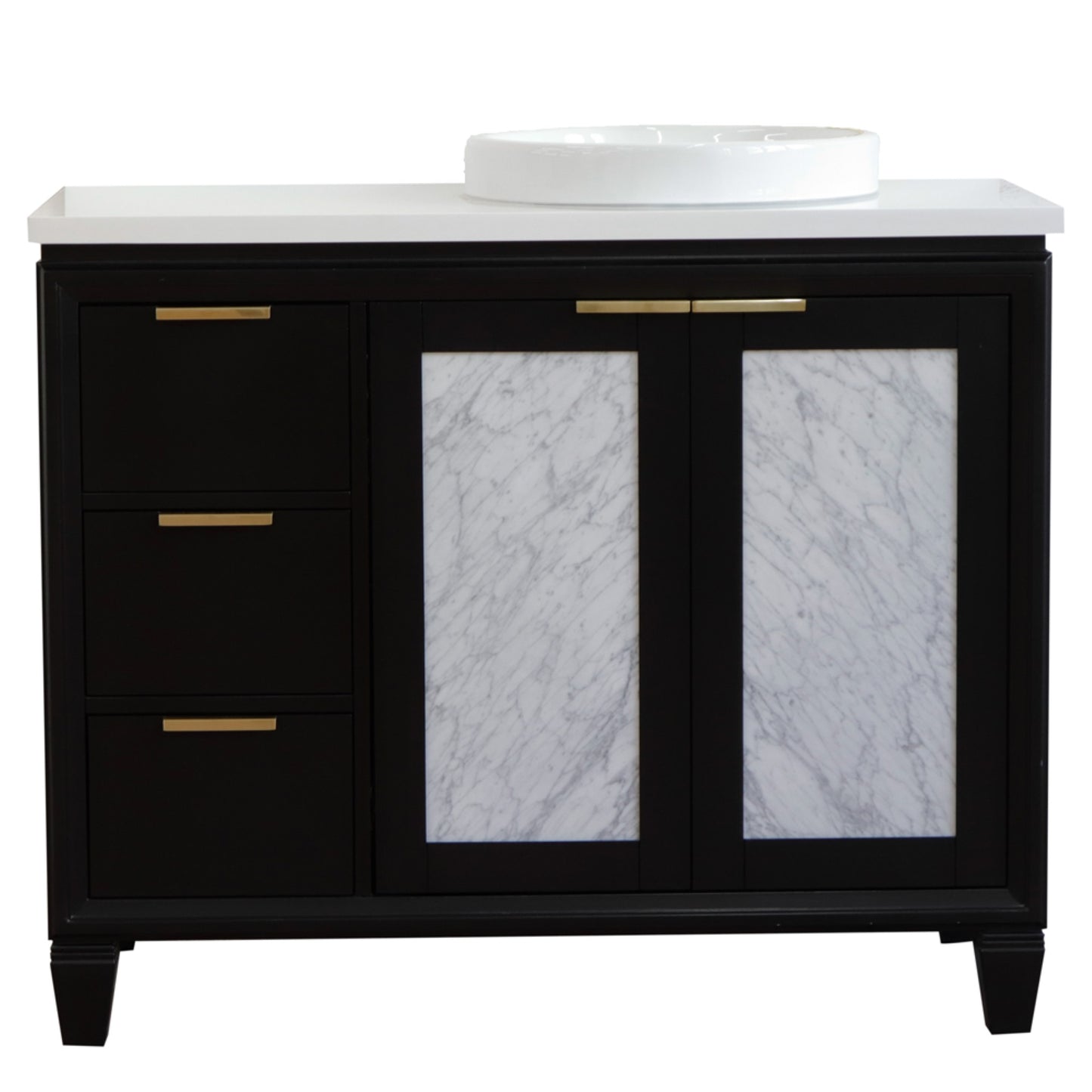 43" Single vanity in Black finish with White engineered stone and round sink Right door/Right sink