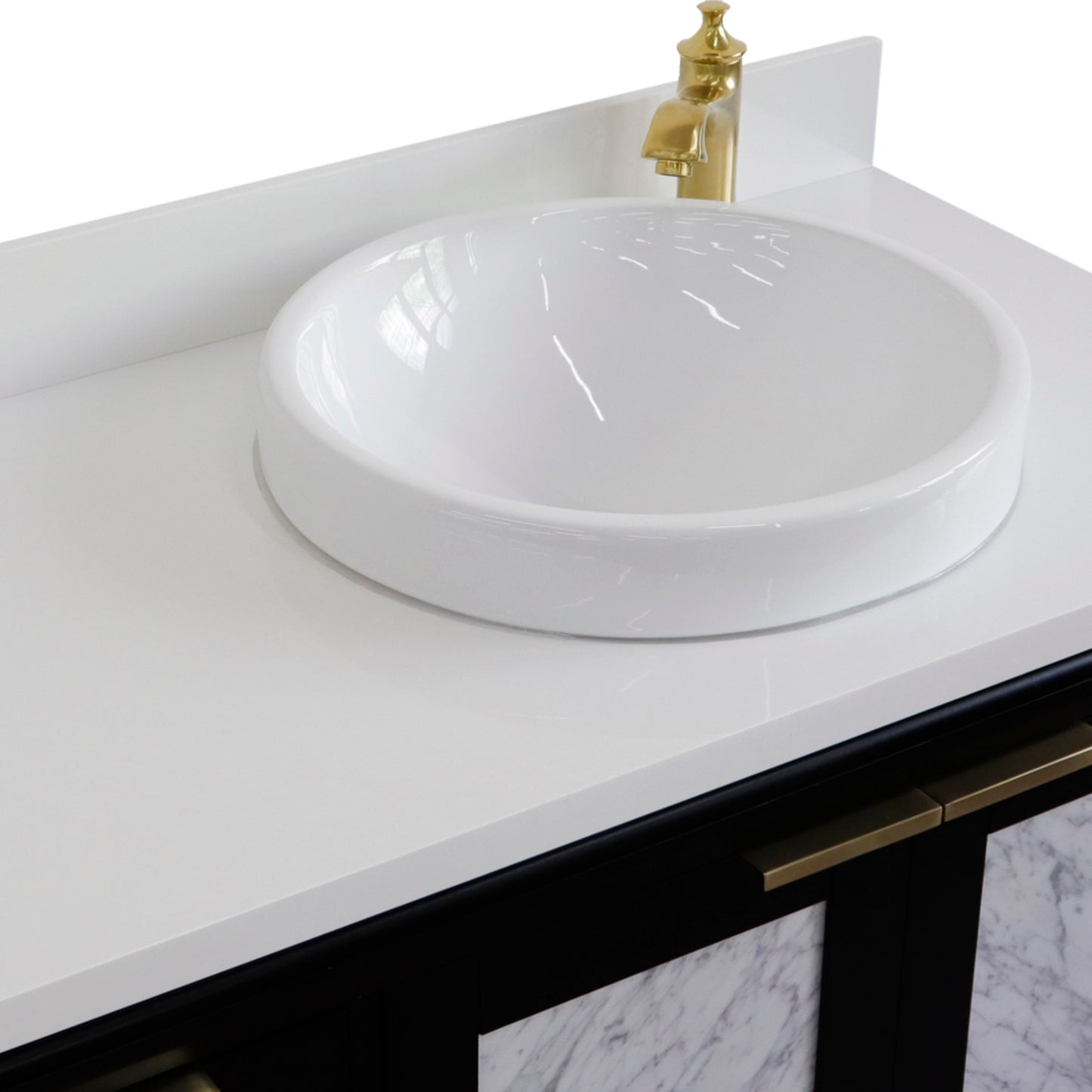 43" Single vanity in Black finish with White engineered stone and round sink Right door/Right sink