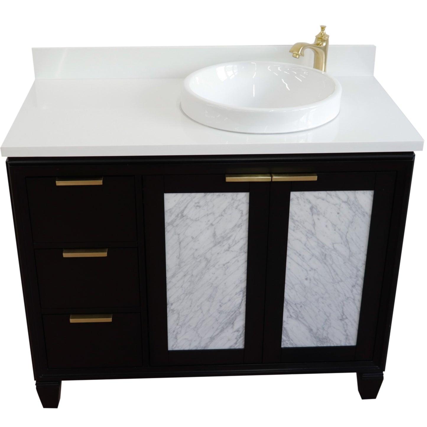 43" Single vanity in Black finish with White engineered stone and round sink Right door/Right sink
