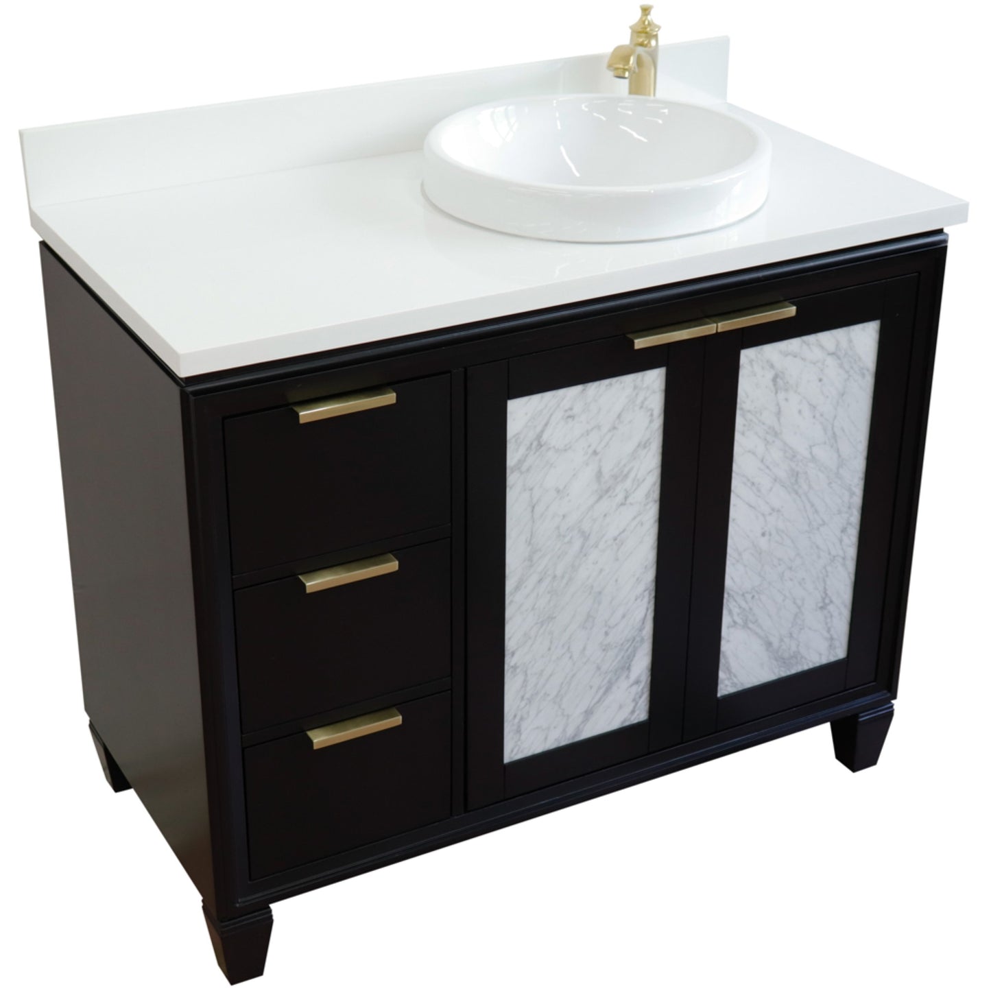 43" Single vanity in Black finish with White engineered stone and round sink Right door/Right sink