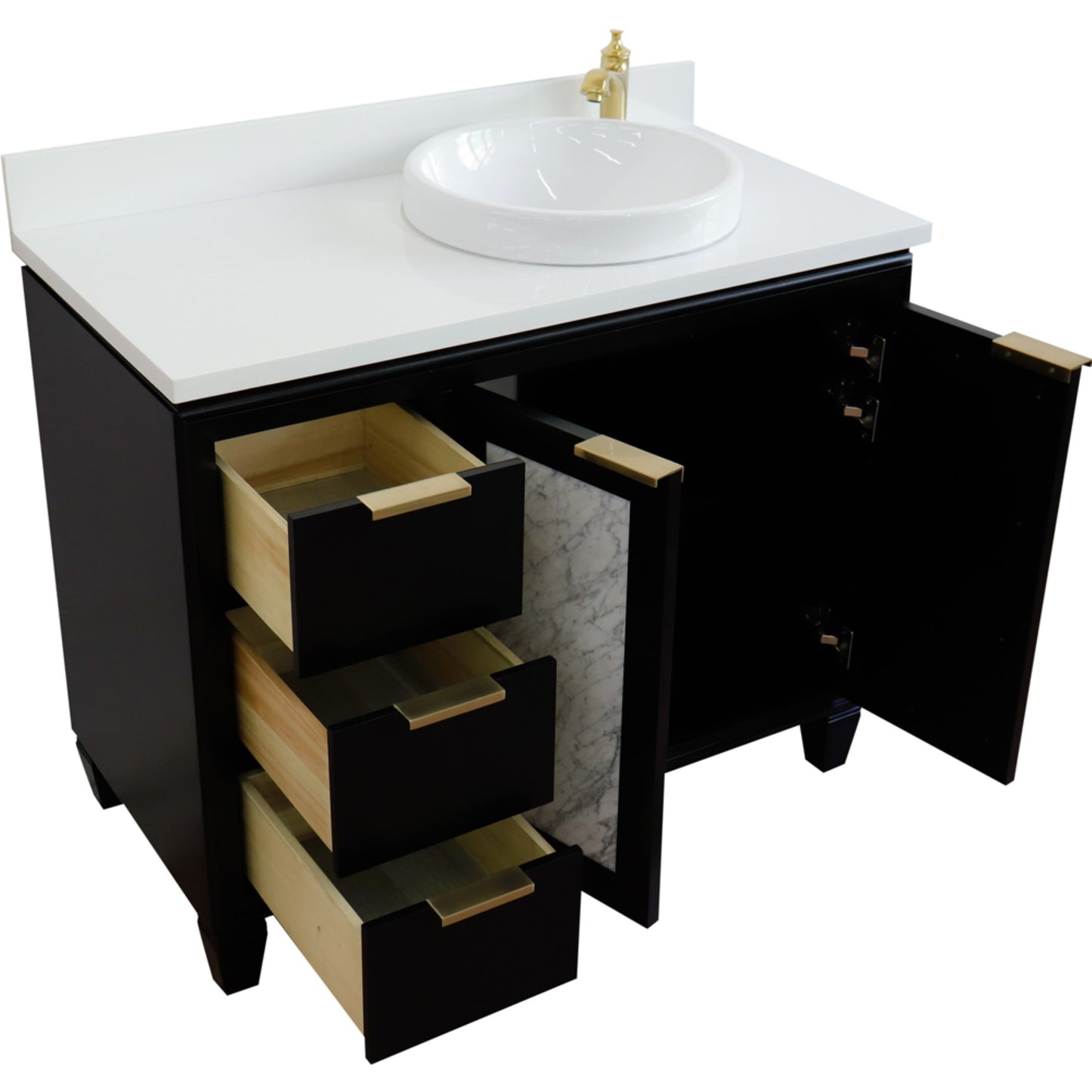 43" Single vanity in Black finish with White engineered stone and round sink Right door/Right sink
