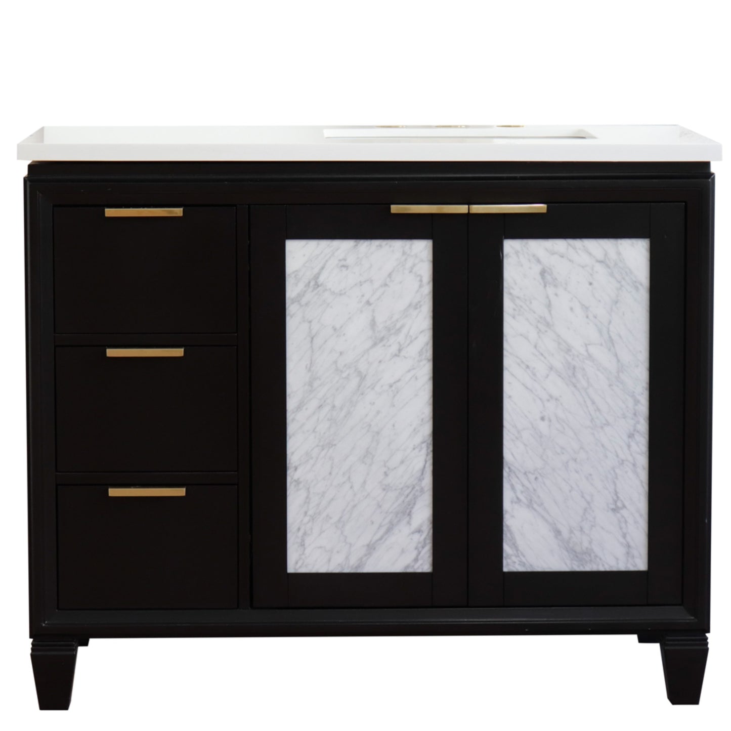 43" Single vanity in Black finish with White engineered stone and rectangle sink Right door/Right sink