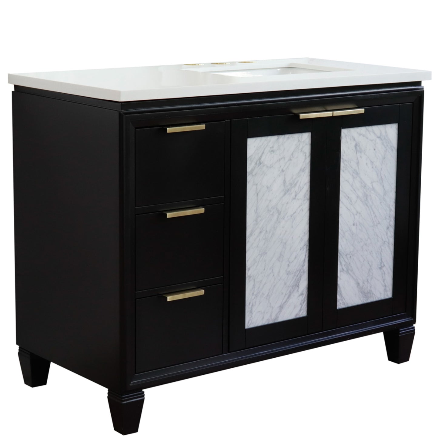 43" Single vanity in Black finish with White engineered stone and rectangle sink Right door/Right sink