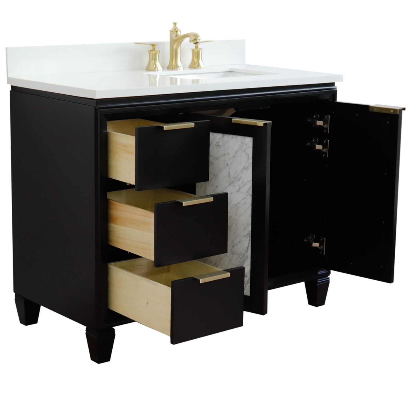 43" Single vanity in Black finish with White engineered stone and rectangle sink Right door/Right sink