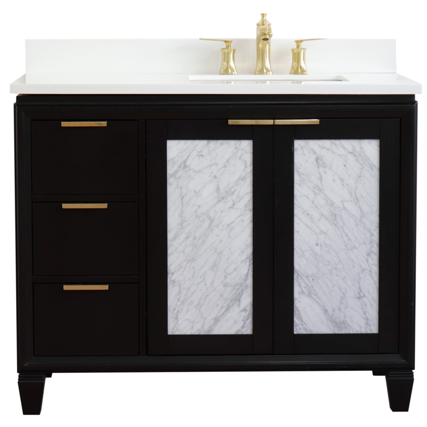 43" Single vanity in Black finish with White engineered stone and rectangle sink Right door/Right sink
