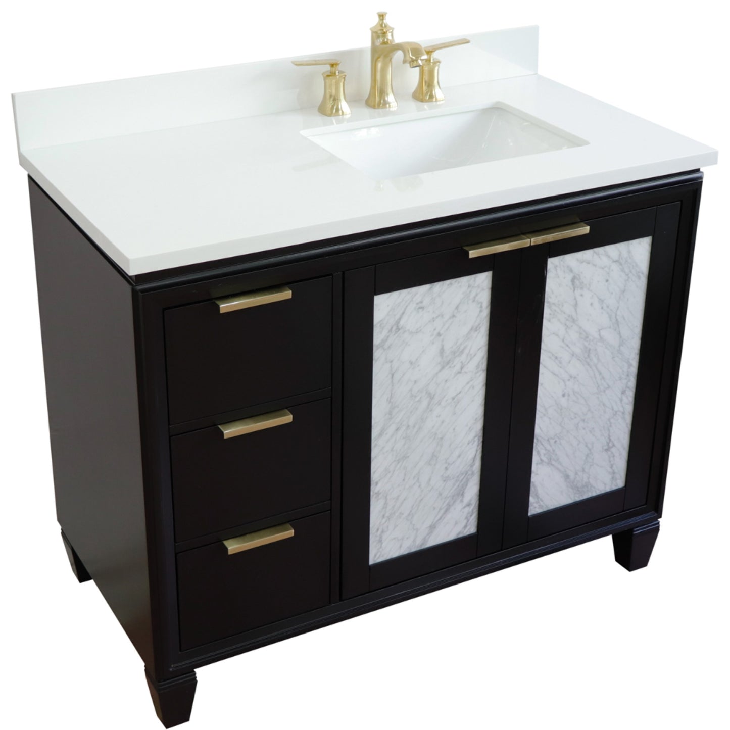 43" Single vanity in Black finish with White engineered stone and rectangle sink Right door/Right sink