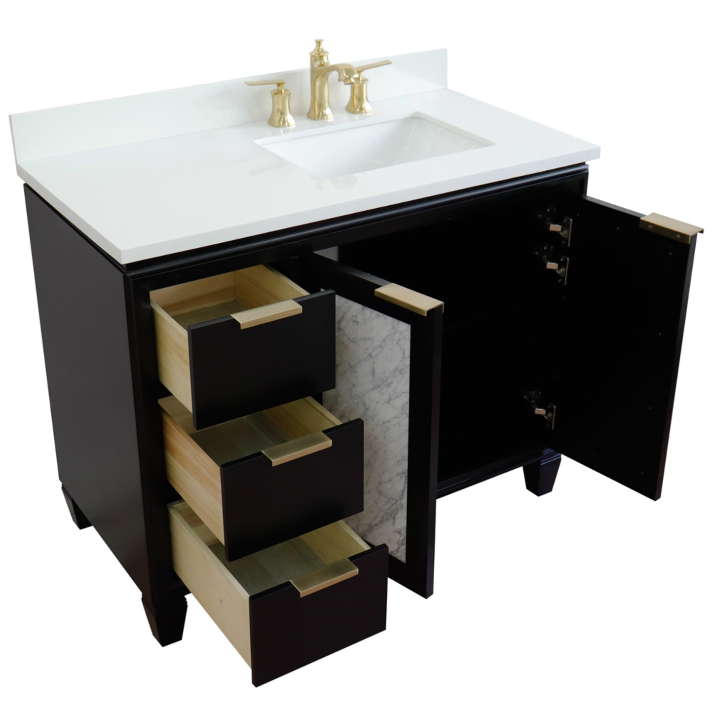 43" Single vanity in Black finish with White engineered stone and rectangle sink Right door/Right sink