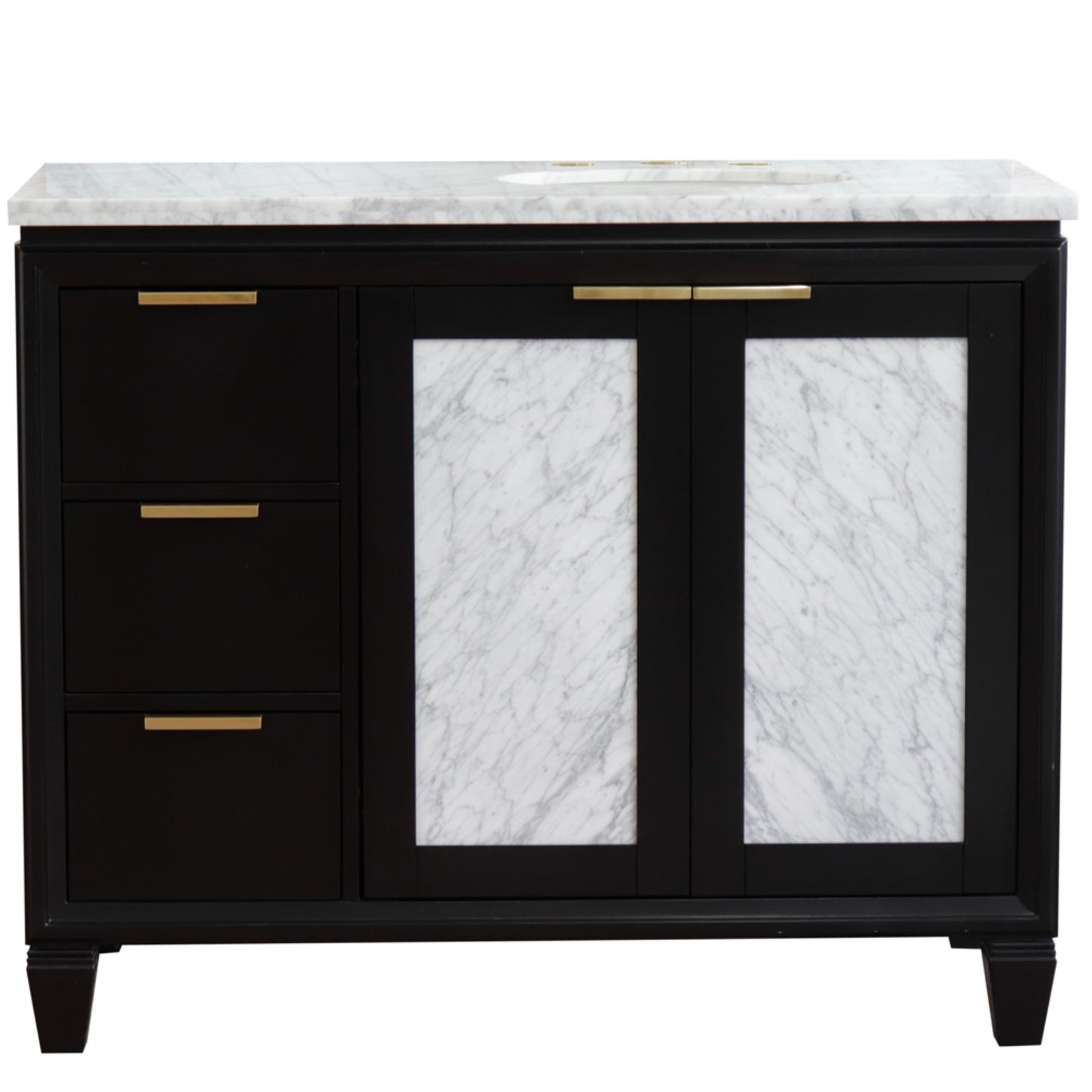 43" Single vanity in Black finish with White Carrara and oval sink Right door/Right sink