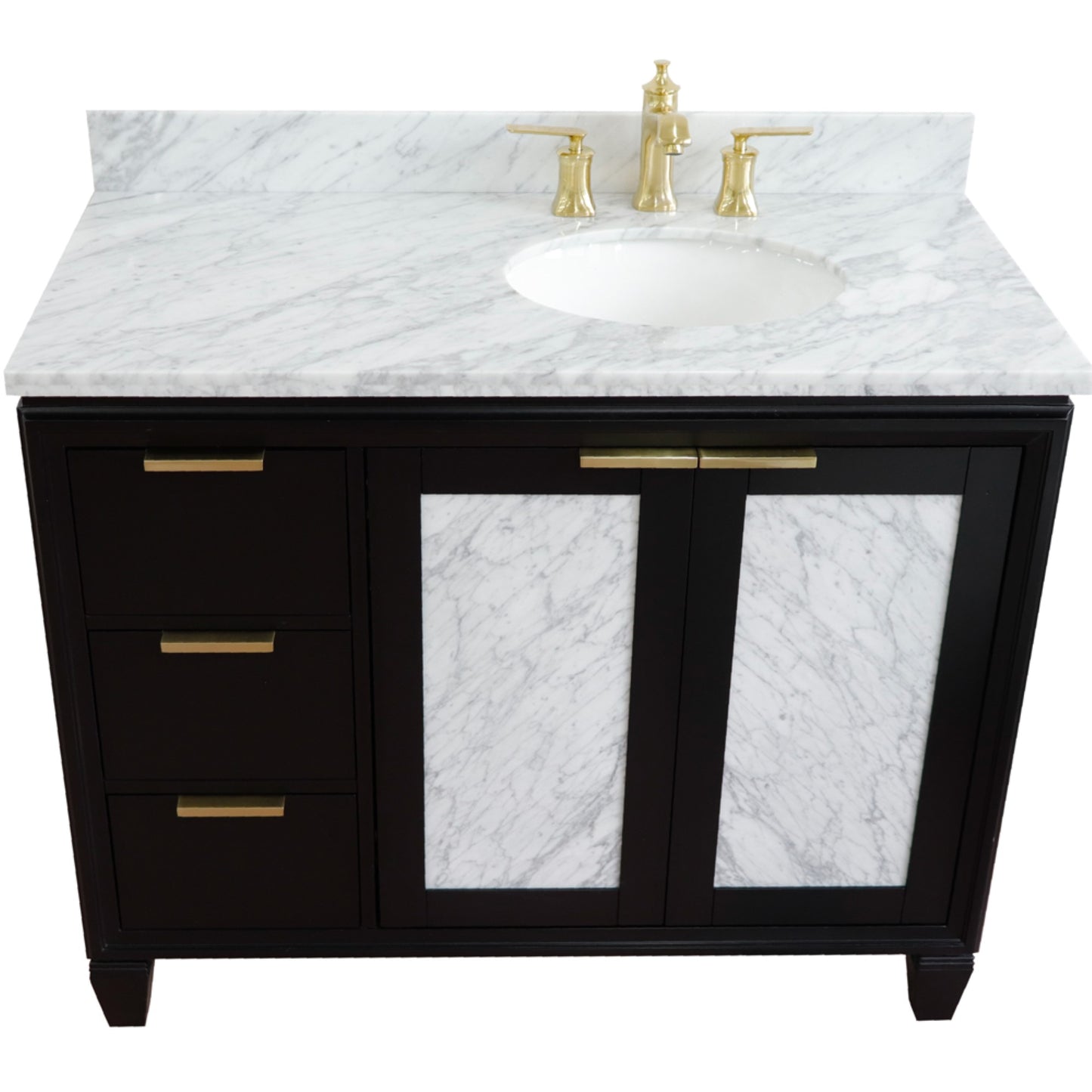 43" Single vanity in Black finish with White Carrara and oval sink Right door/Right sink