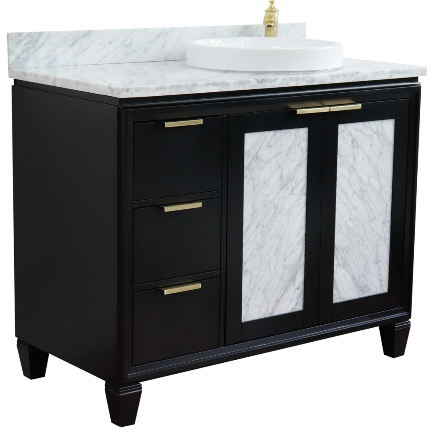 43" Single vanity in Black finish with White Carrara and round sink Right door/Right sink