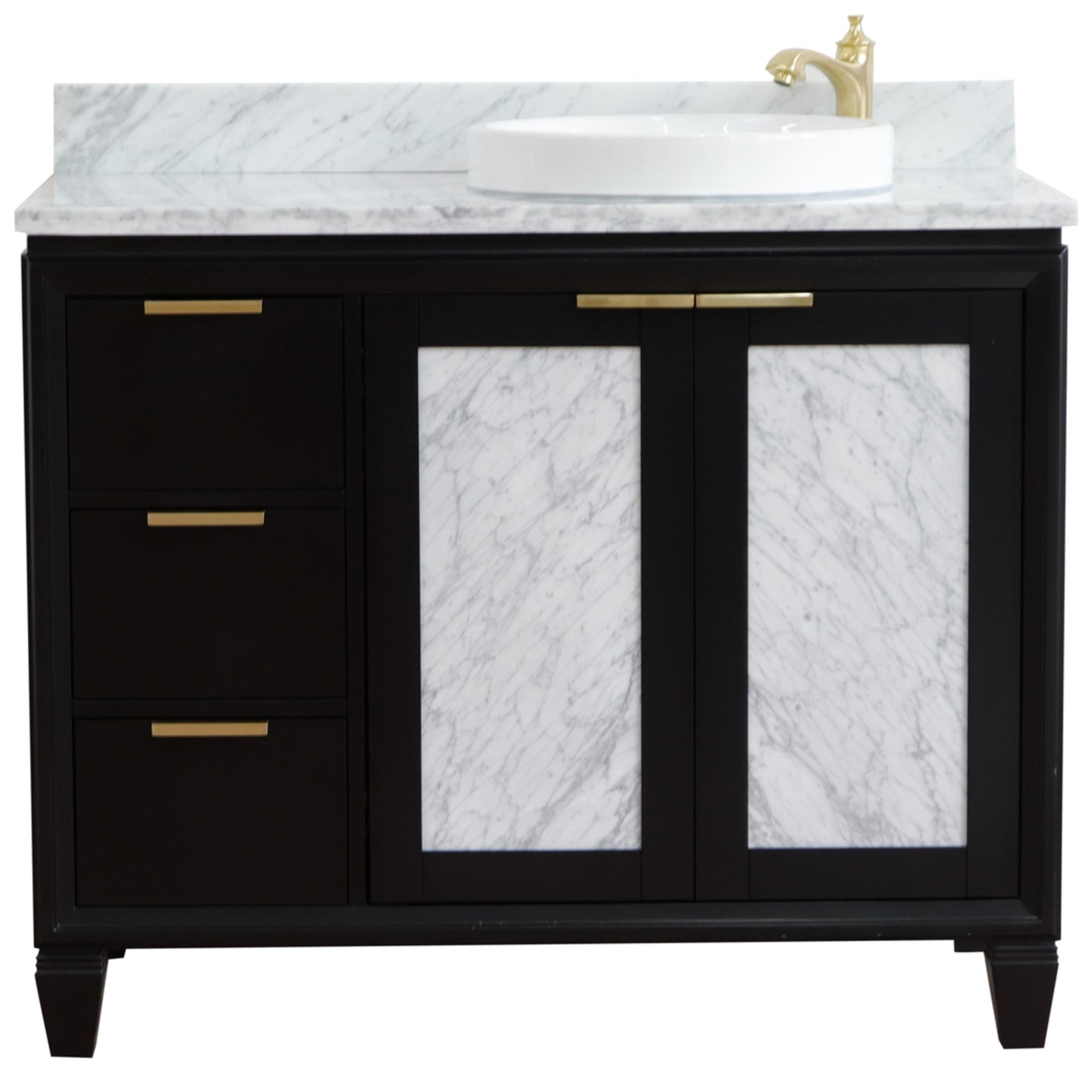 43" Single vanity in Black finish with White Carrara and round sink Right door/Right sink