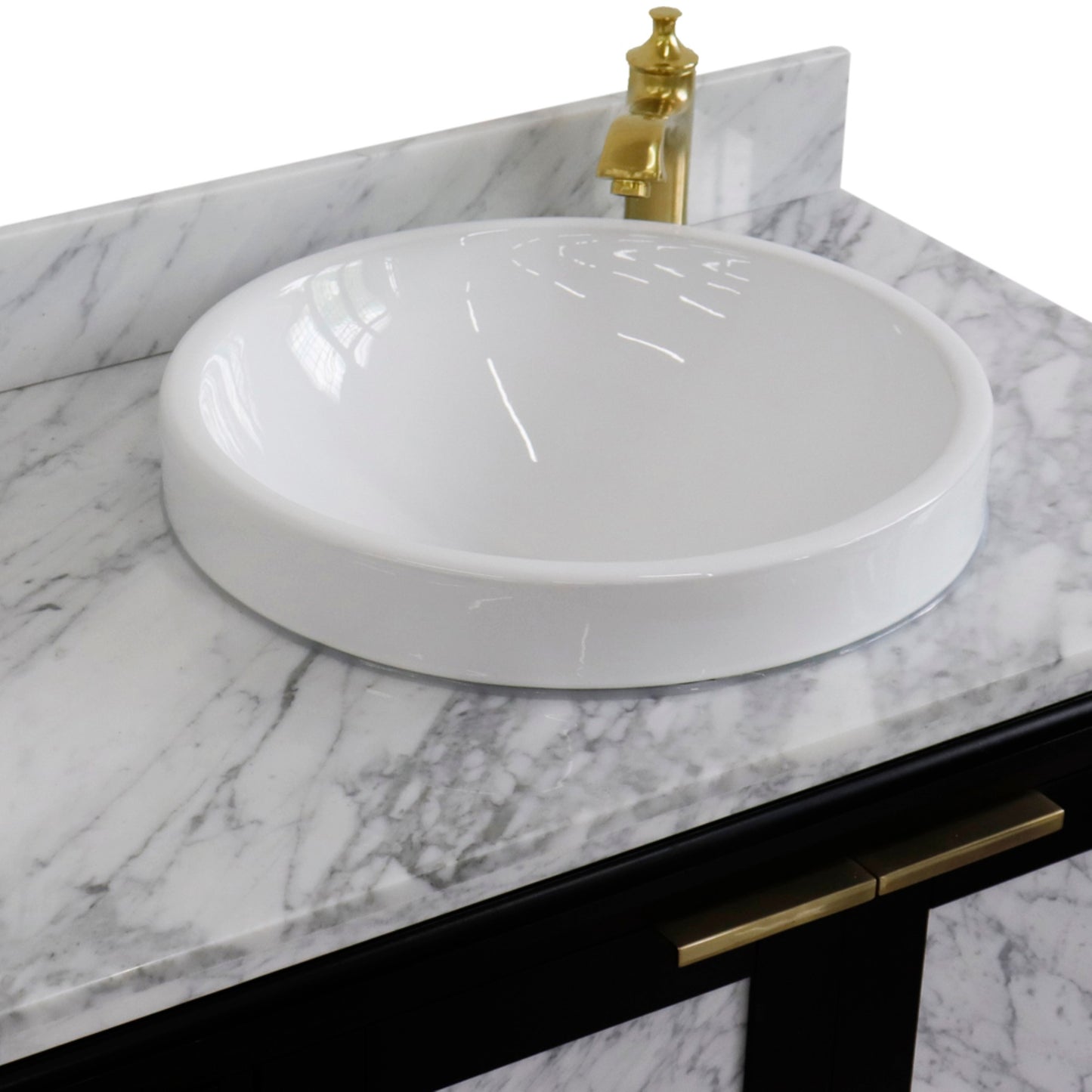 43" Single vanity in Black finish with White Carrara and round sink Right door/Right sink