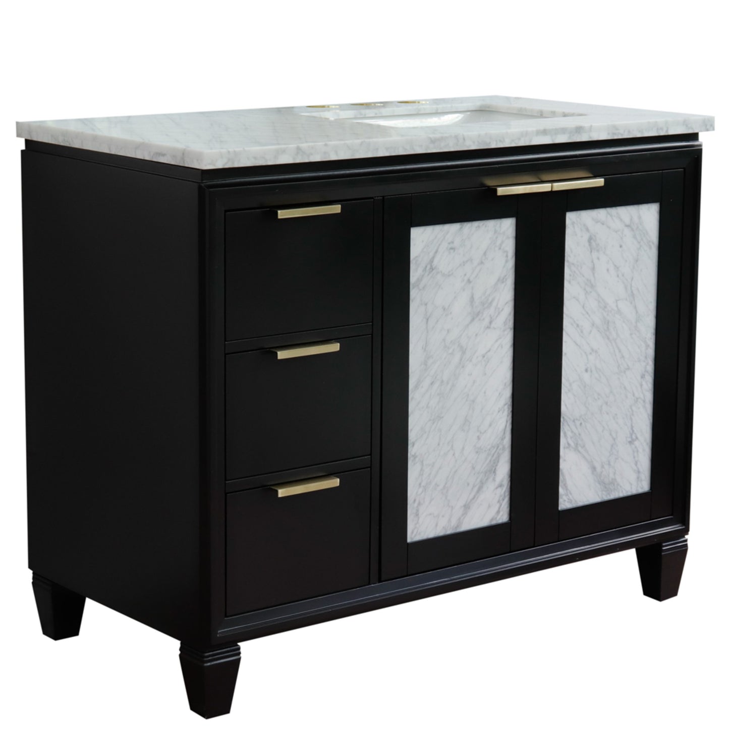 43" Single vanity in Black finish with White Carrara and rectangle sink Right door/Right sink