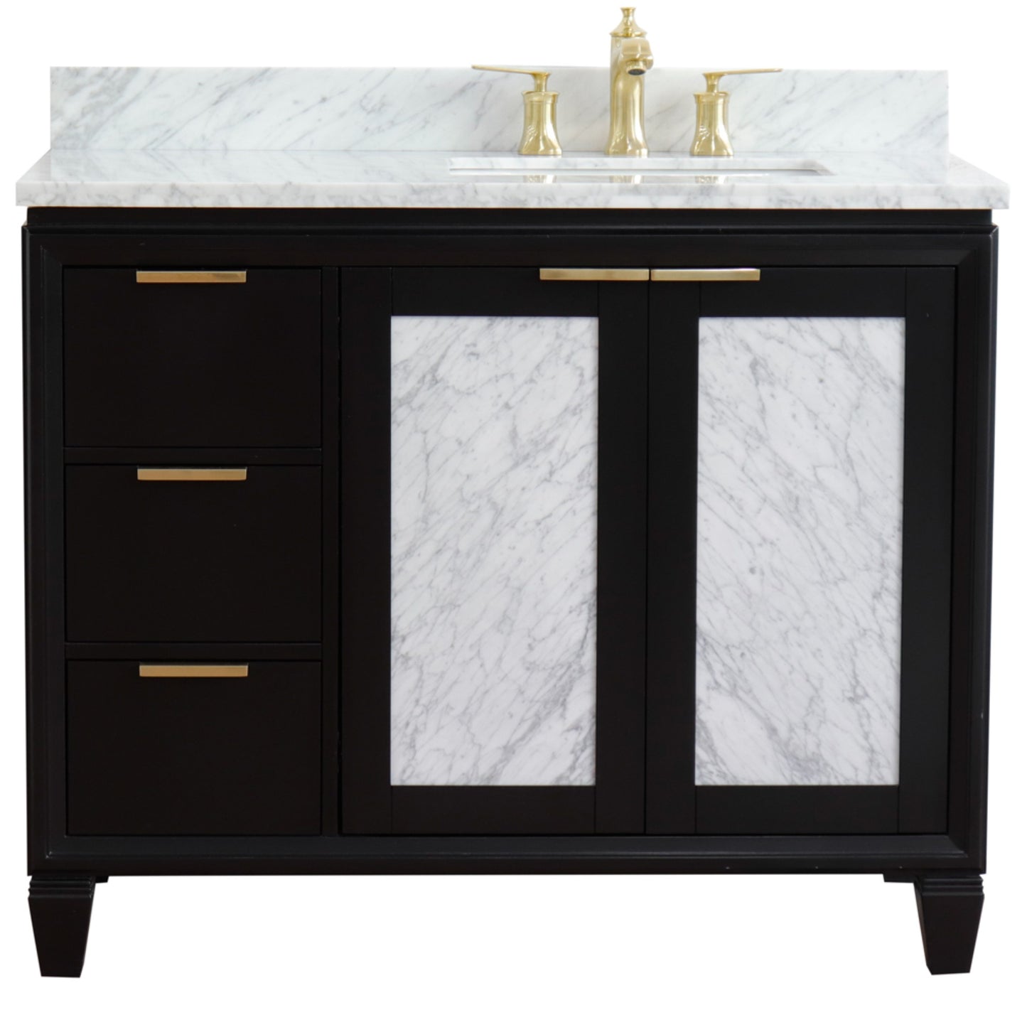 43" Single vanity in Black finish with White Carrara and rectangle sink Right door/Right sink