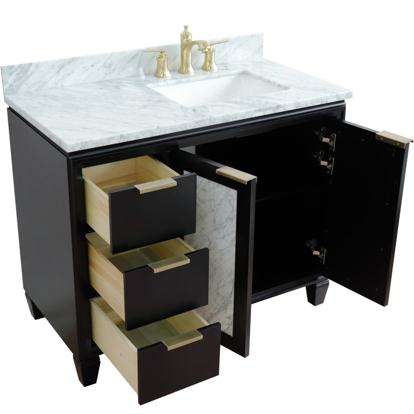 43" Single vanity in Black finish with White Carrara and rectangle sink Right door/Right sink