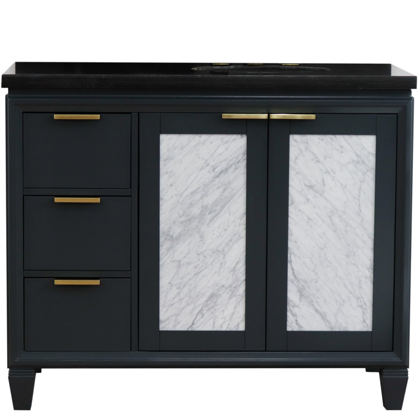 43" Single vanity in Dark Gray finish with Black galaxy and oval sink Right door/Right sink