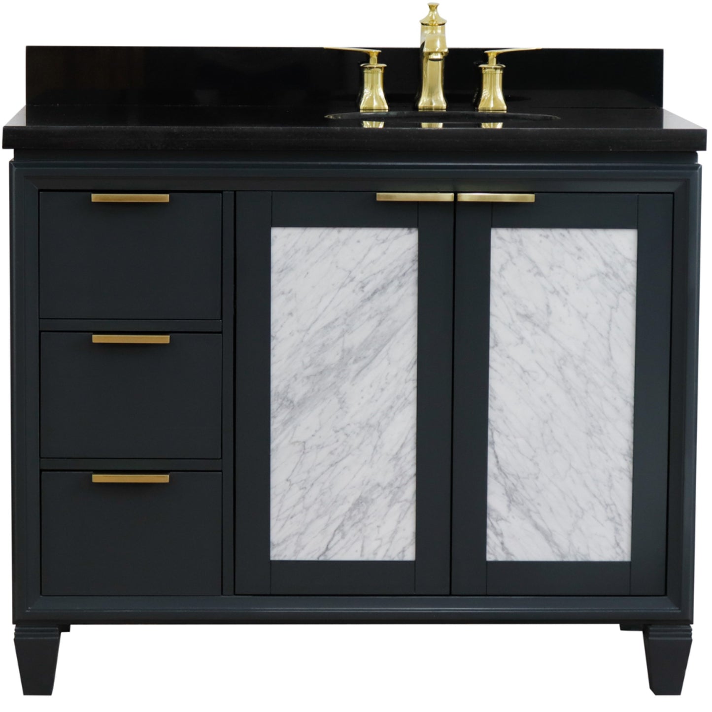 43" Single vanity in Dark Gray finish with Black galaxy and oval sink Right door/Right sink