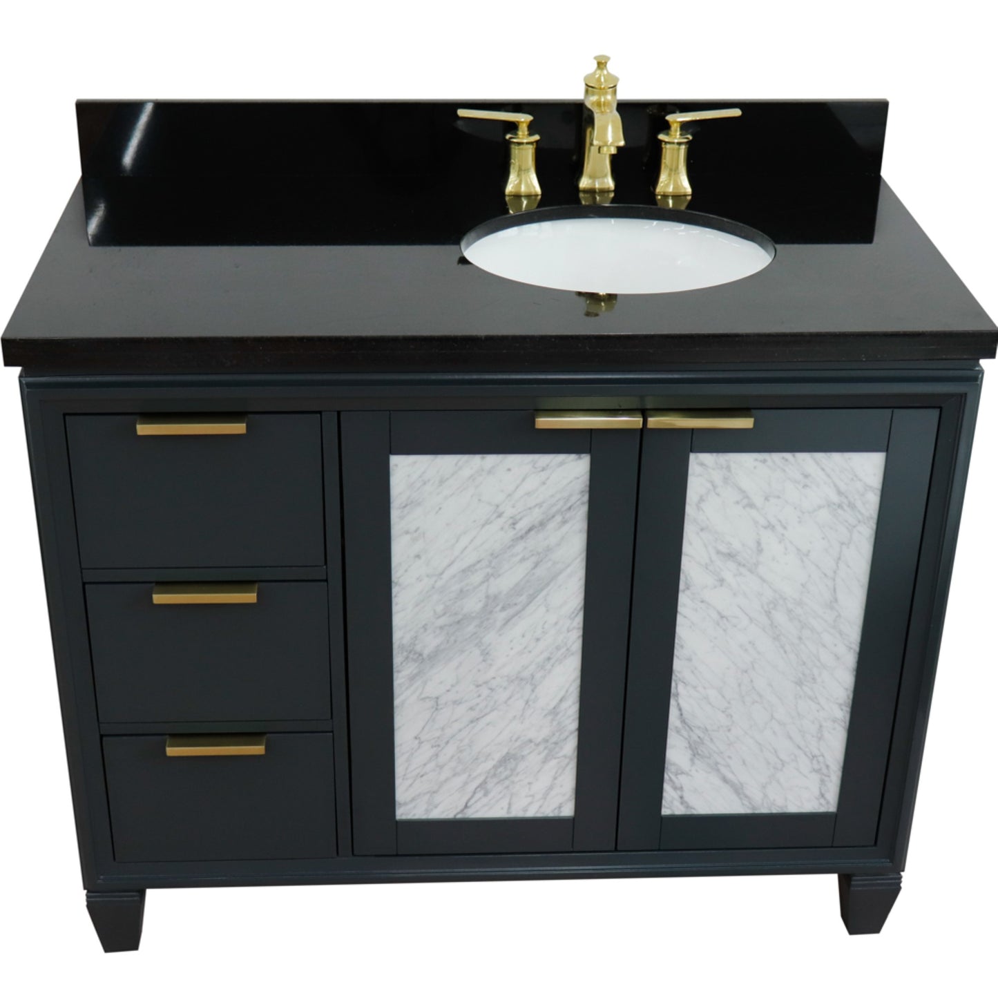 43" Single vanity in Dark Gray finish with Black galaxy and oval sink Right door/Right sink
