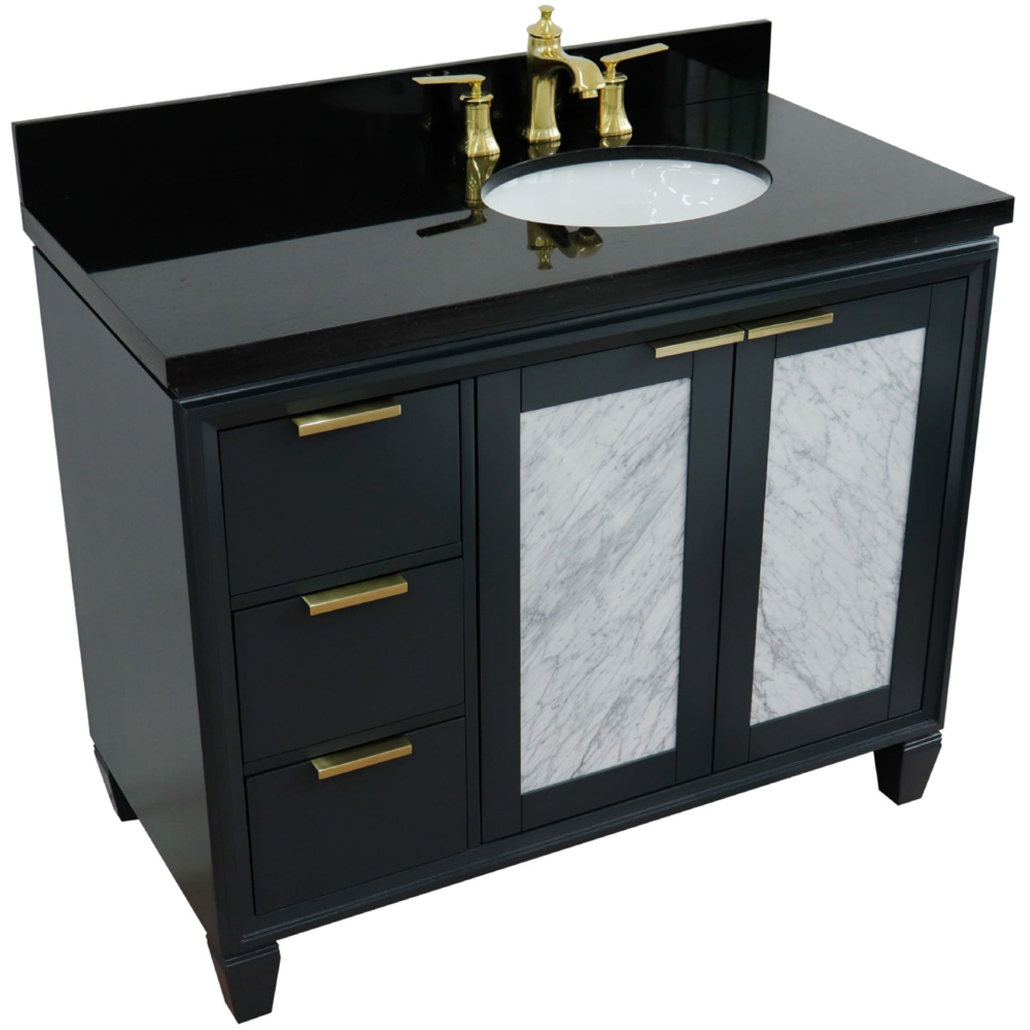 43" Single vanity in Dark Gray finish with Black galaxy and oval sink Right door/Right sink