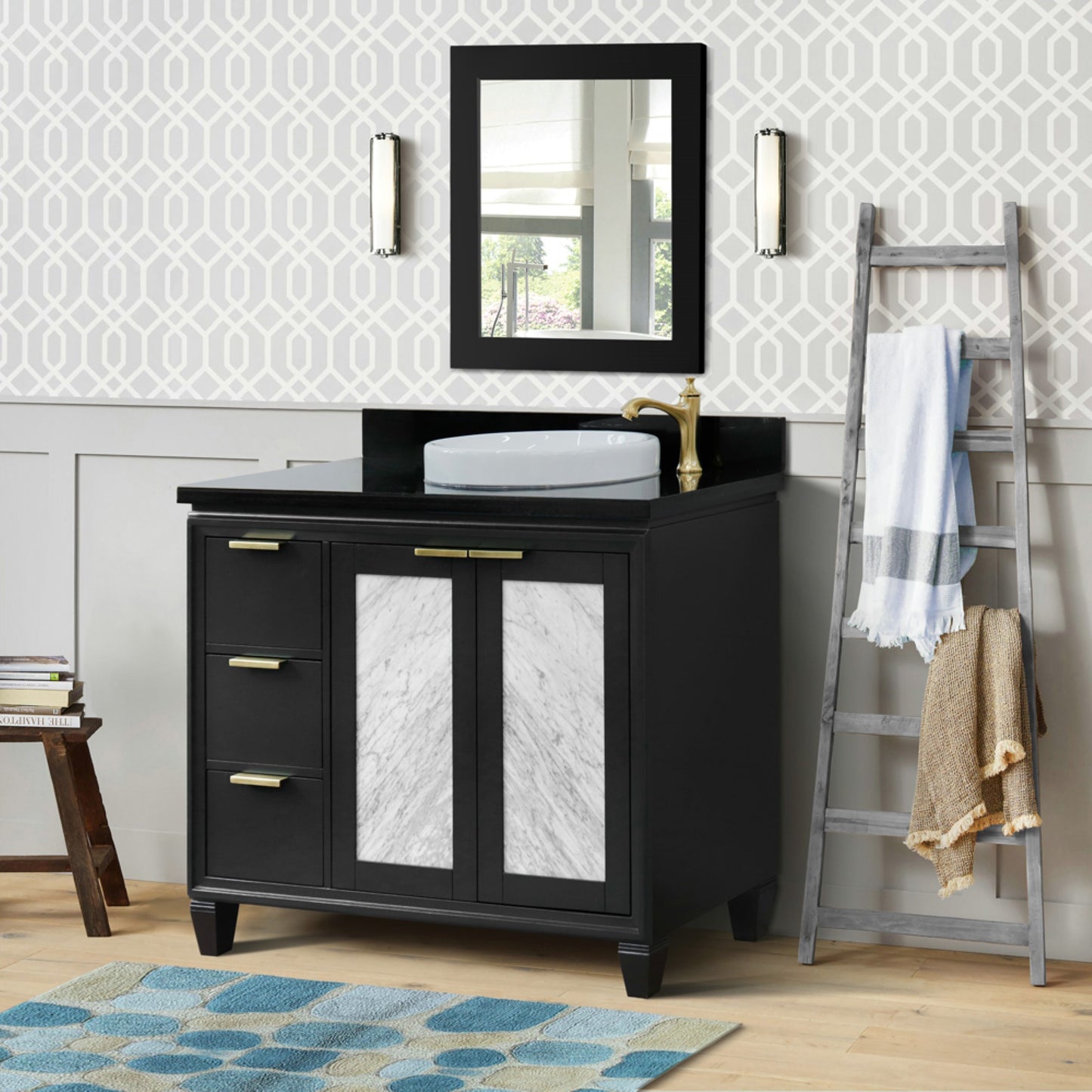 43" Single vanity in Dark Gray finish with Black galaxy and round sink Right door/Right sink