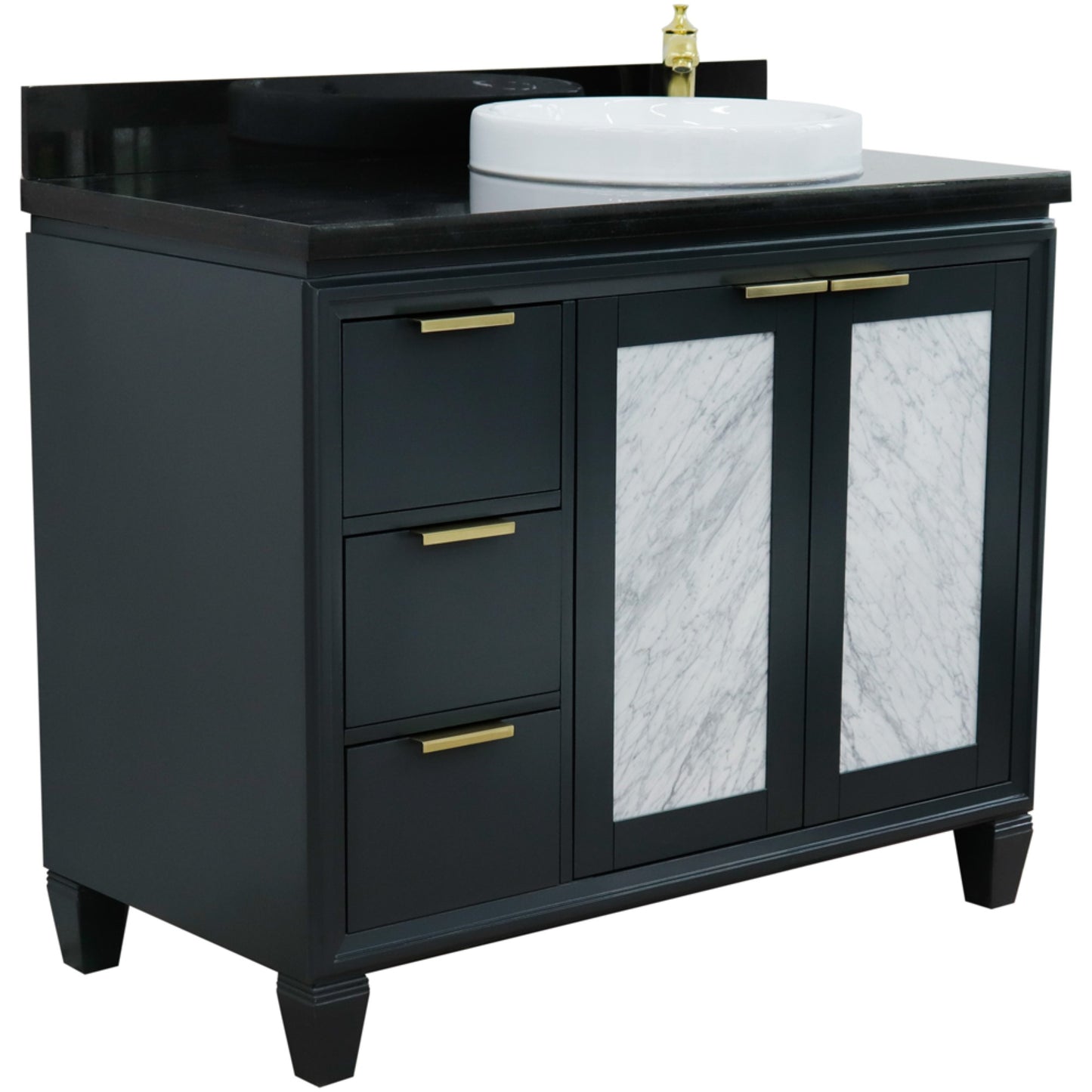43" Single vanity in Dark Gray finish with Black galaxy and round sink Right door/Right sink
