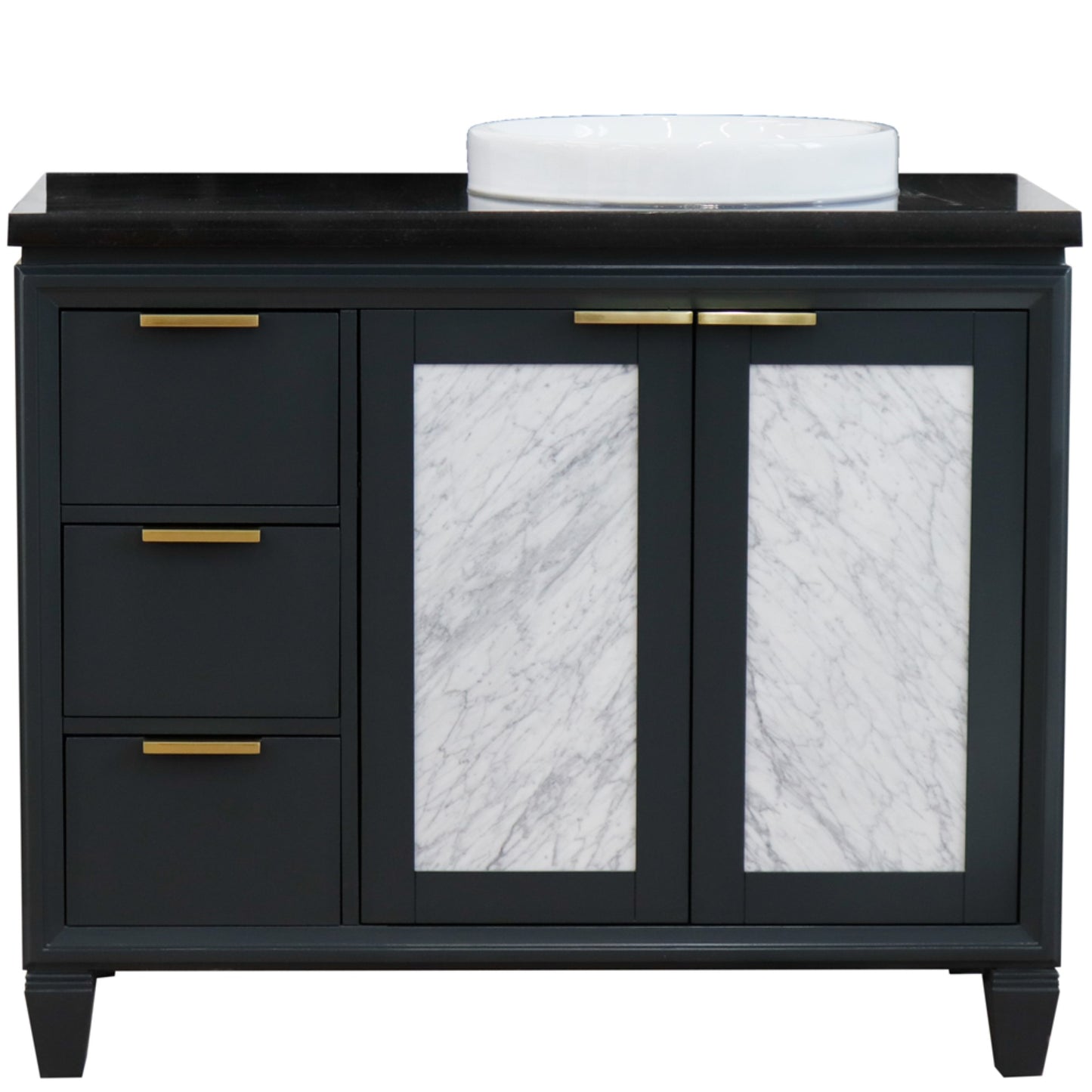 43" Single vanity in Dark Gray finish with Black galaxy and round sink Right door/Right sink