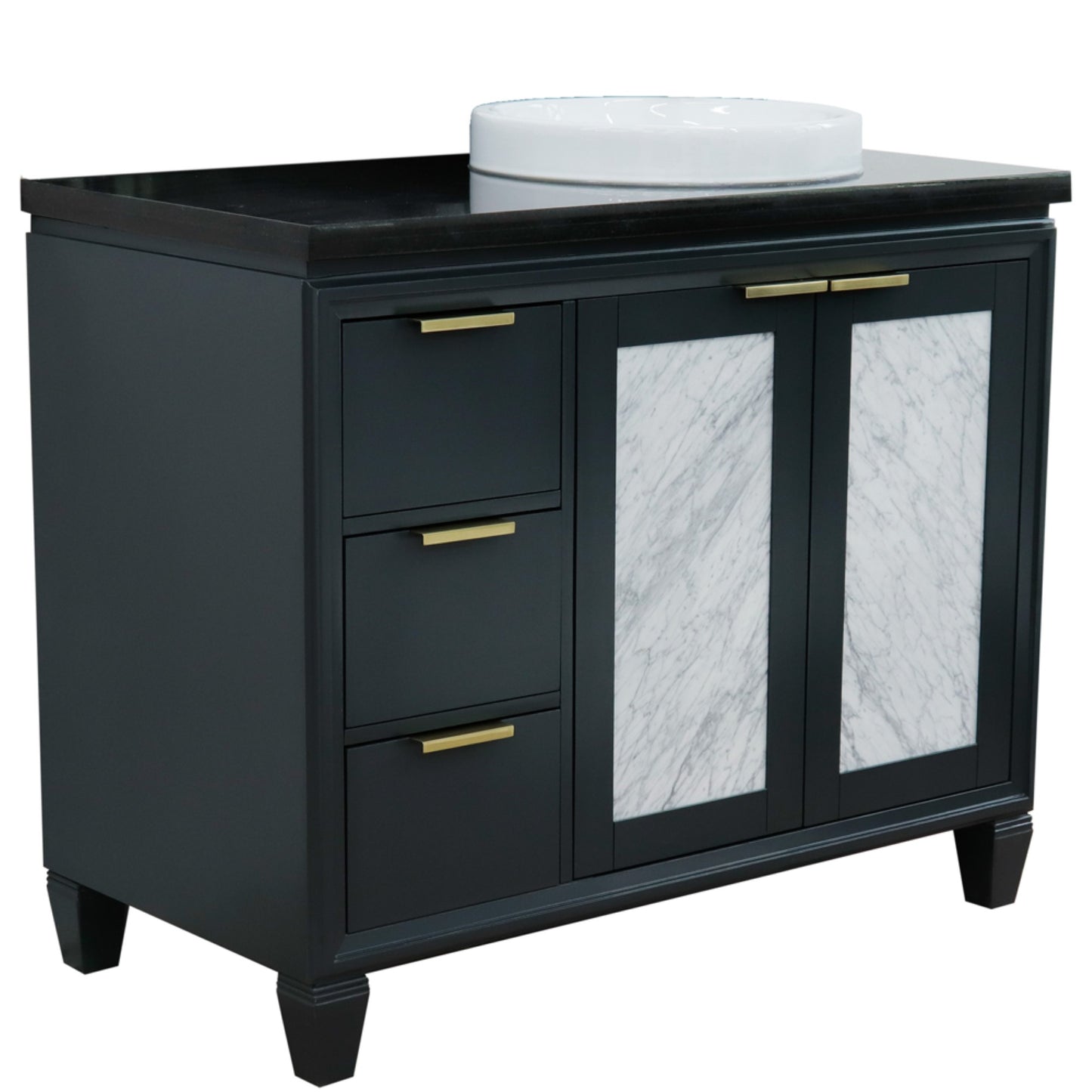 43" Single vanity in Dark Gray finish with Black galaxy and round sink Right door/Right sink