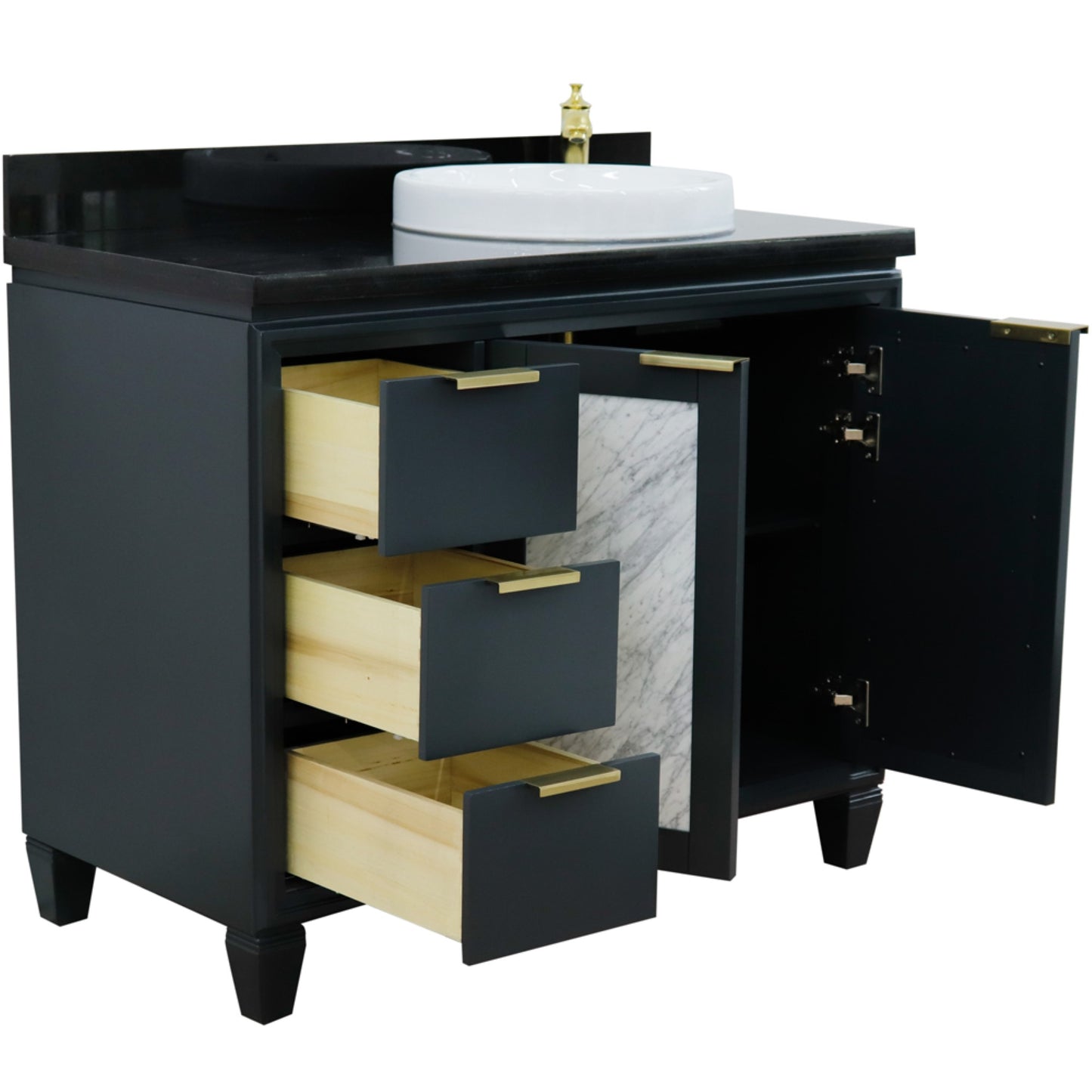 43" Single vanity in Dark Gray finish with Black galaxy and round sink Right door/Right sink