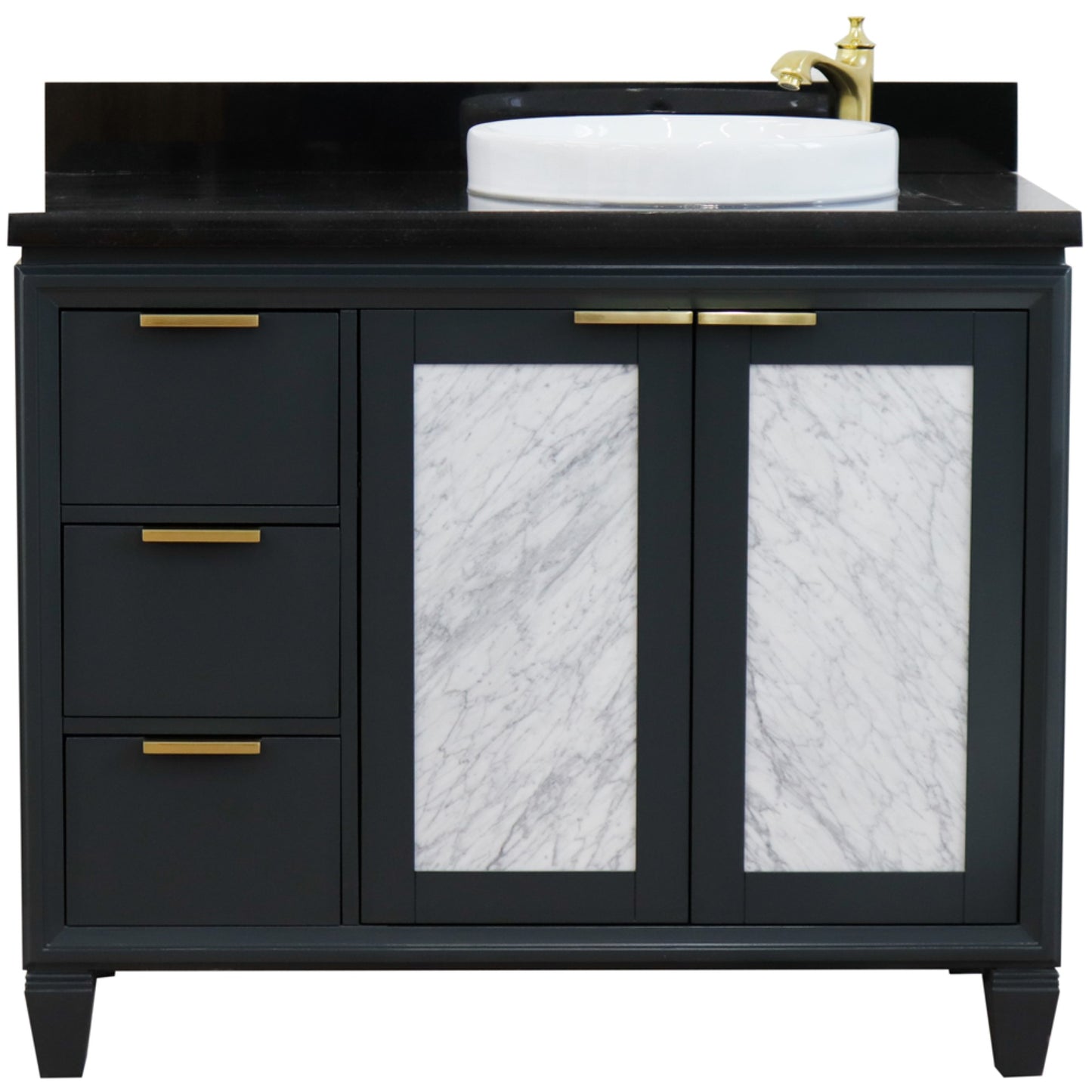 43" Single vanity in Dark Gray finish with Black galaxy and round sink Right door/Right sink